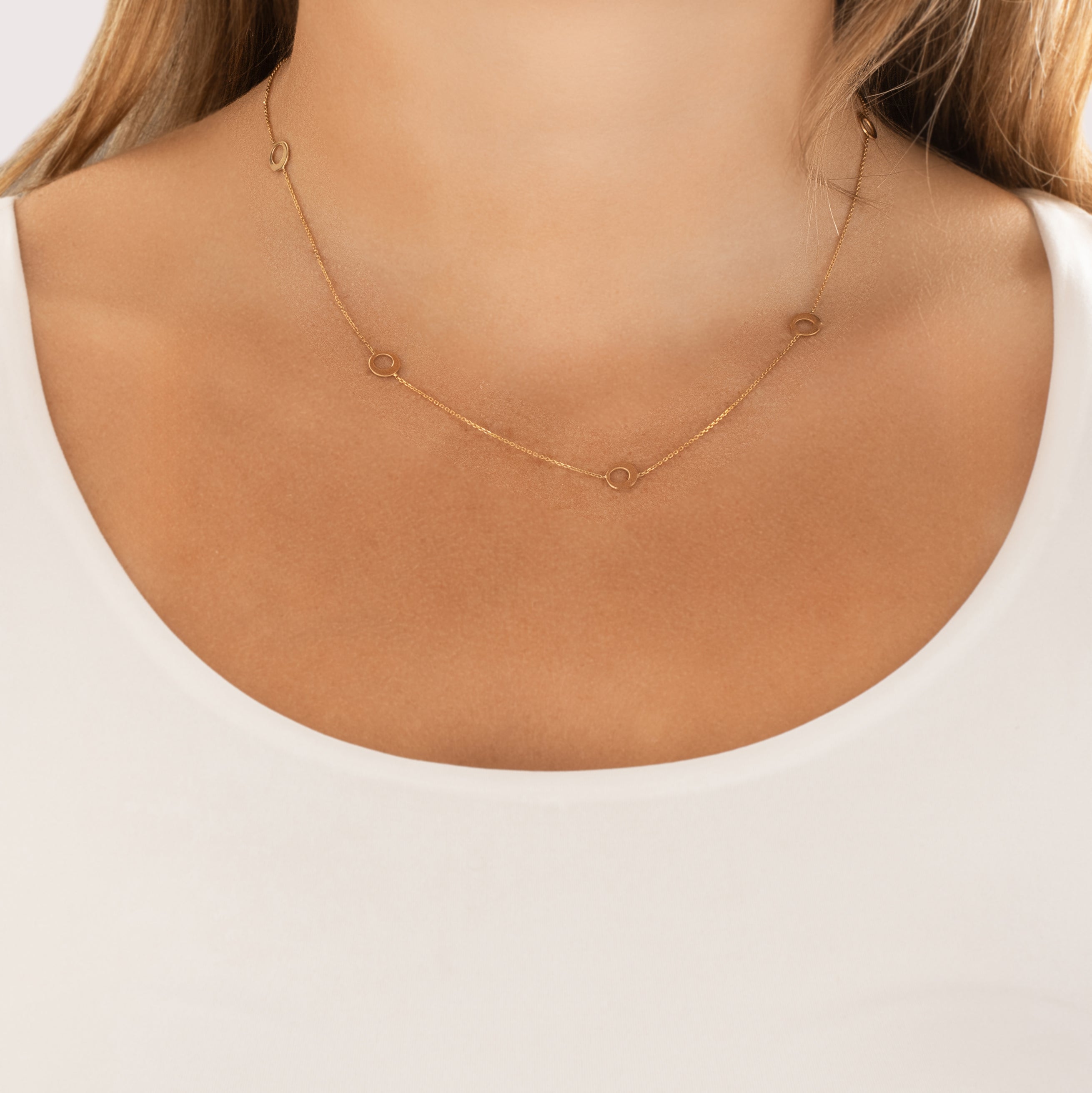 Estate 14k Yellow Gold Funky Open Disc Adjustable Necklace - On model view