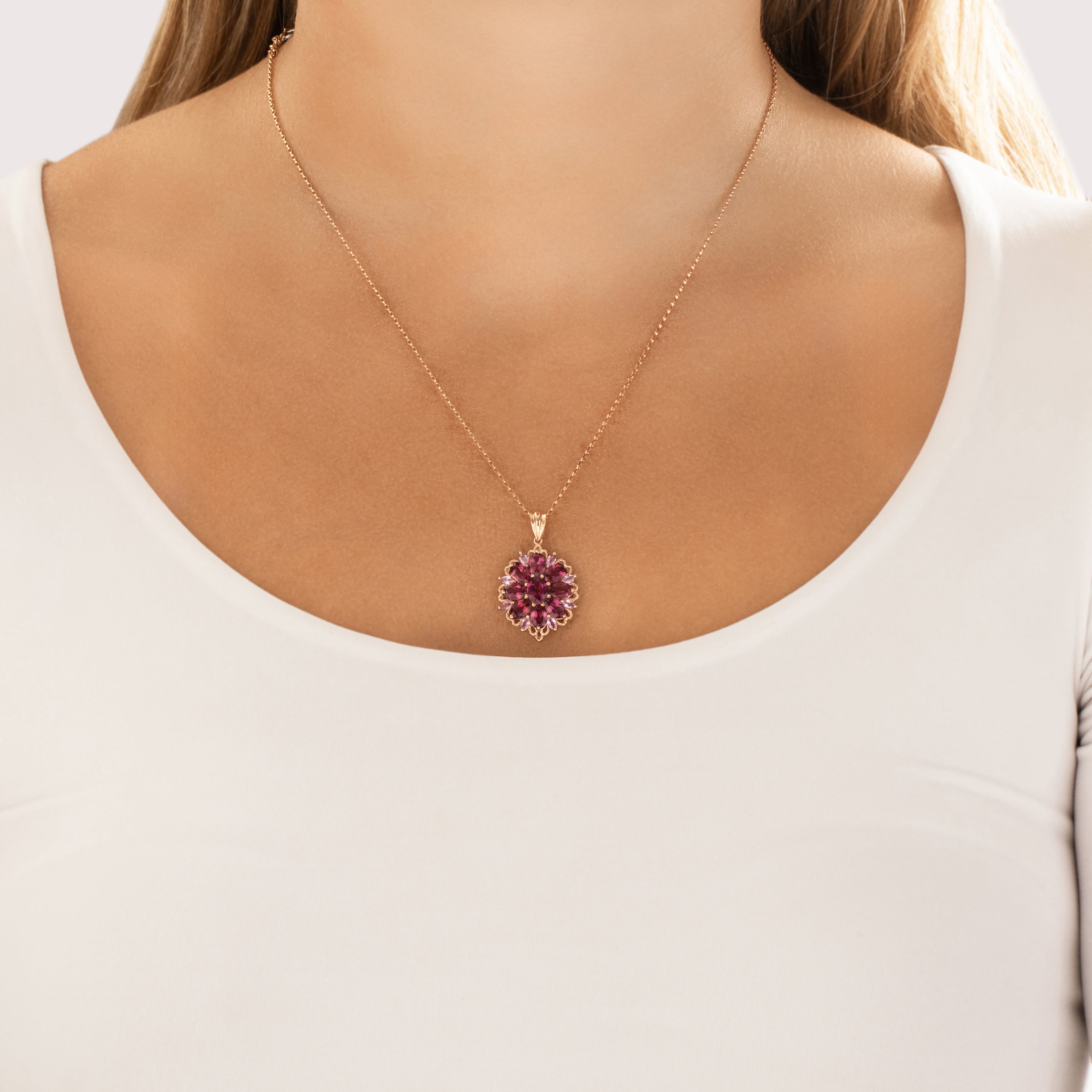 Vintage 10k Yellow Gold 4.86cttw Pink Garnet .5cttw Pink Sapphire Beautiful Bright Floriform Burst Pendant - On model view