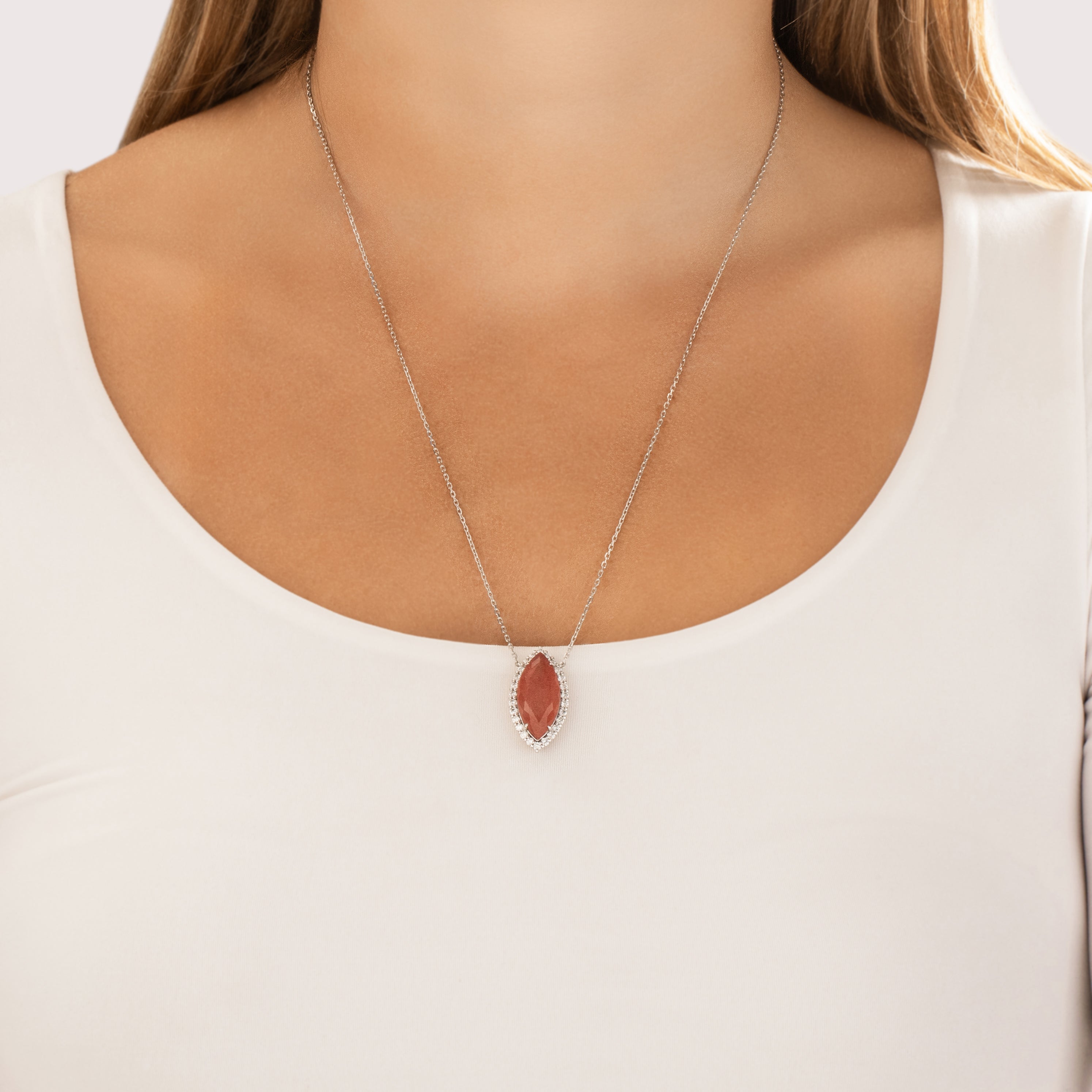 Estate Platinum 8.47ct Peach Rutilated Quartz .69cttw Diamond Stunning Oversized Glimmering Marquise Halo Necklace - On model view