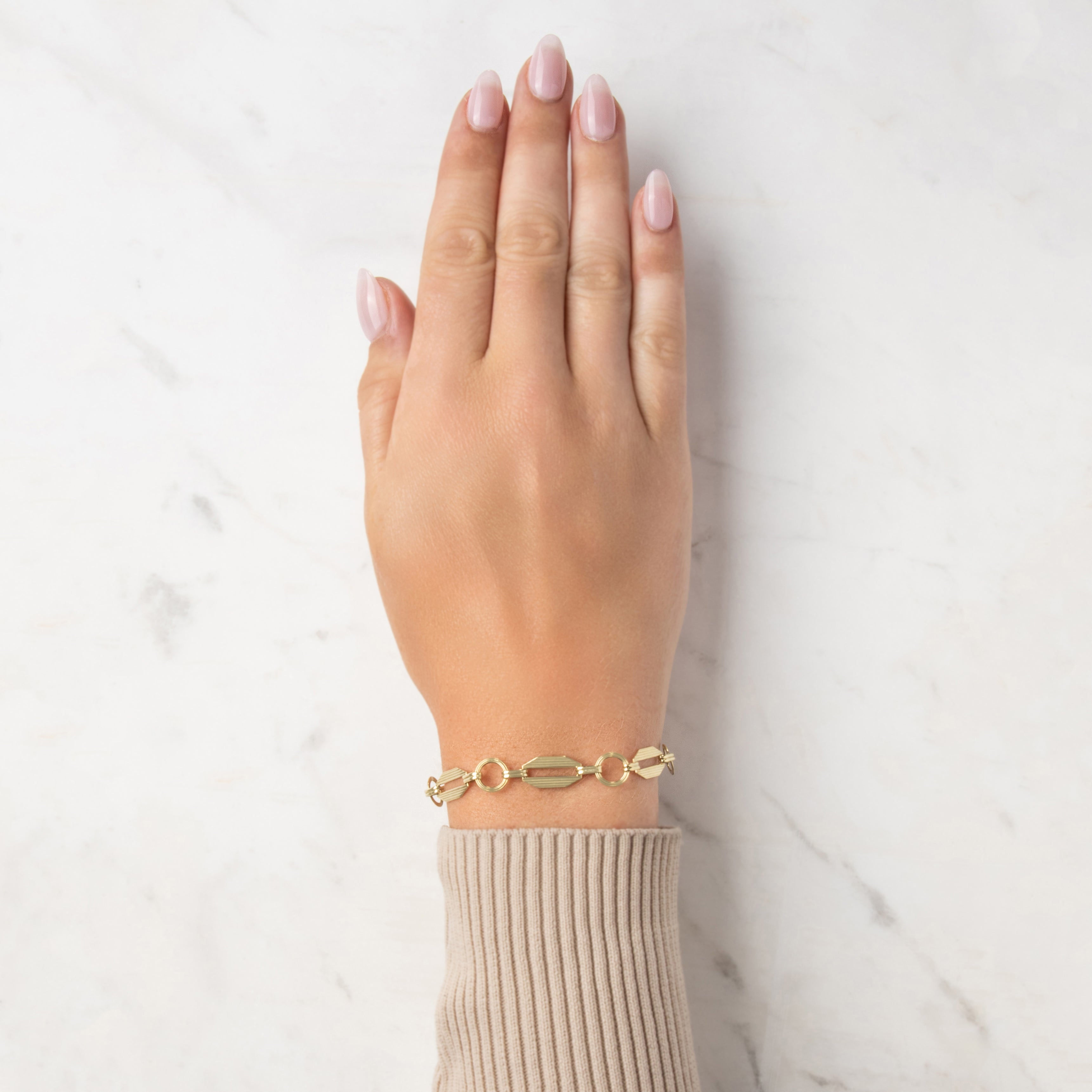 Vintage 14k Yellow Gold Textured Geometric Link Bracelet - On model view