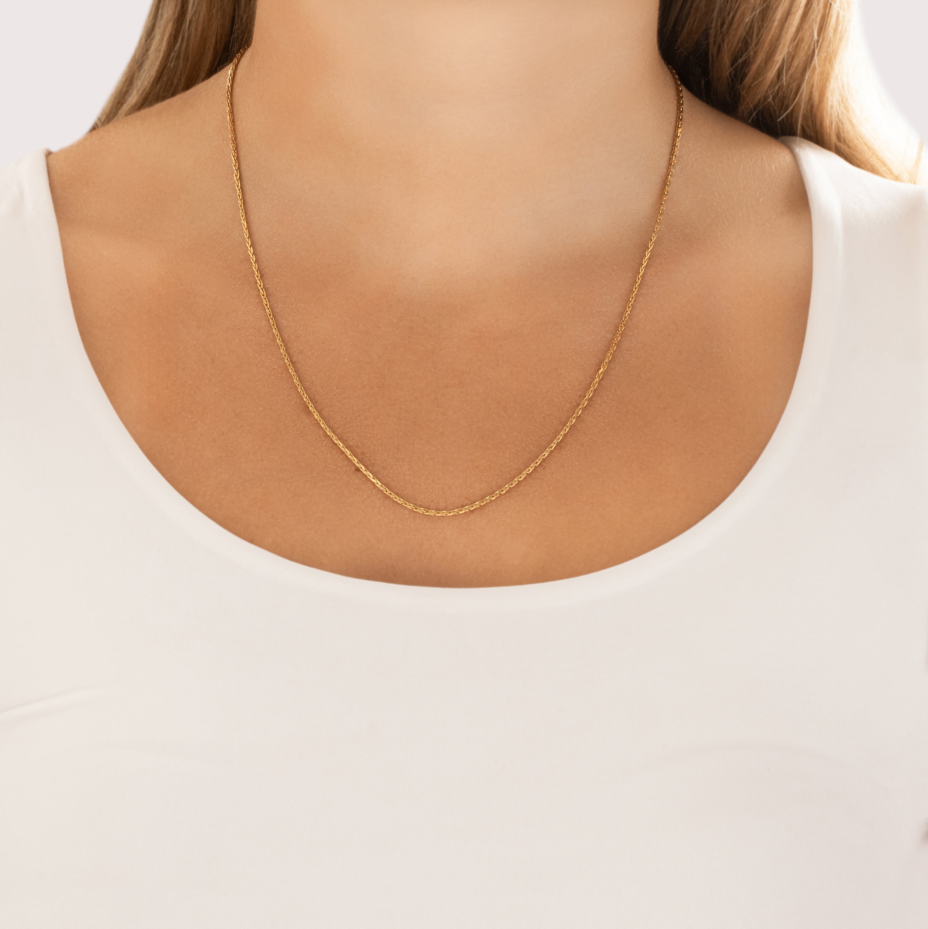 Vintage 14k Yellow Gold 1.2mm Boxy Wheat Chain - On model view
