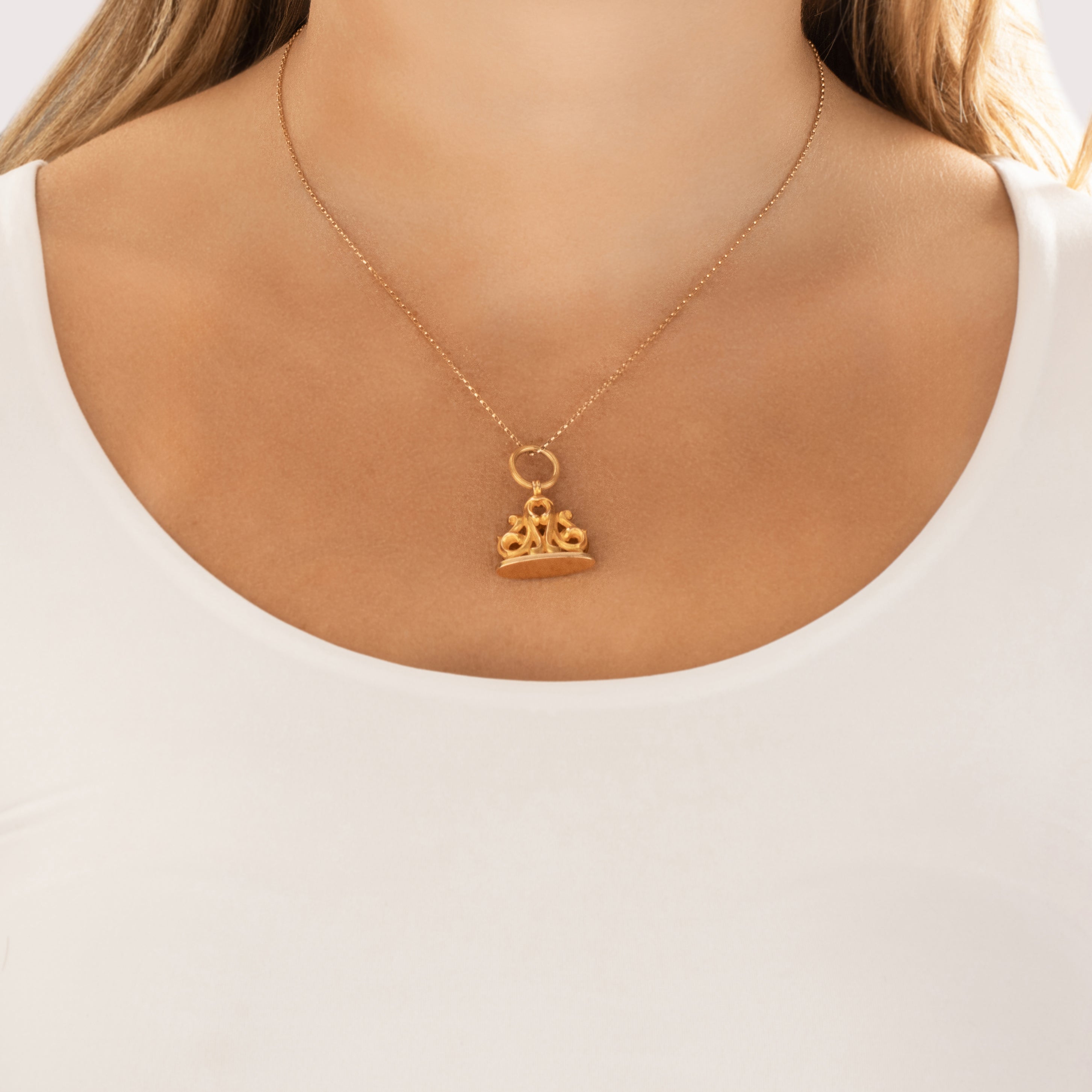 Antique Victorian Large 14k Yellow Gold Ornate Fob Charm / Pendant - On model view