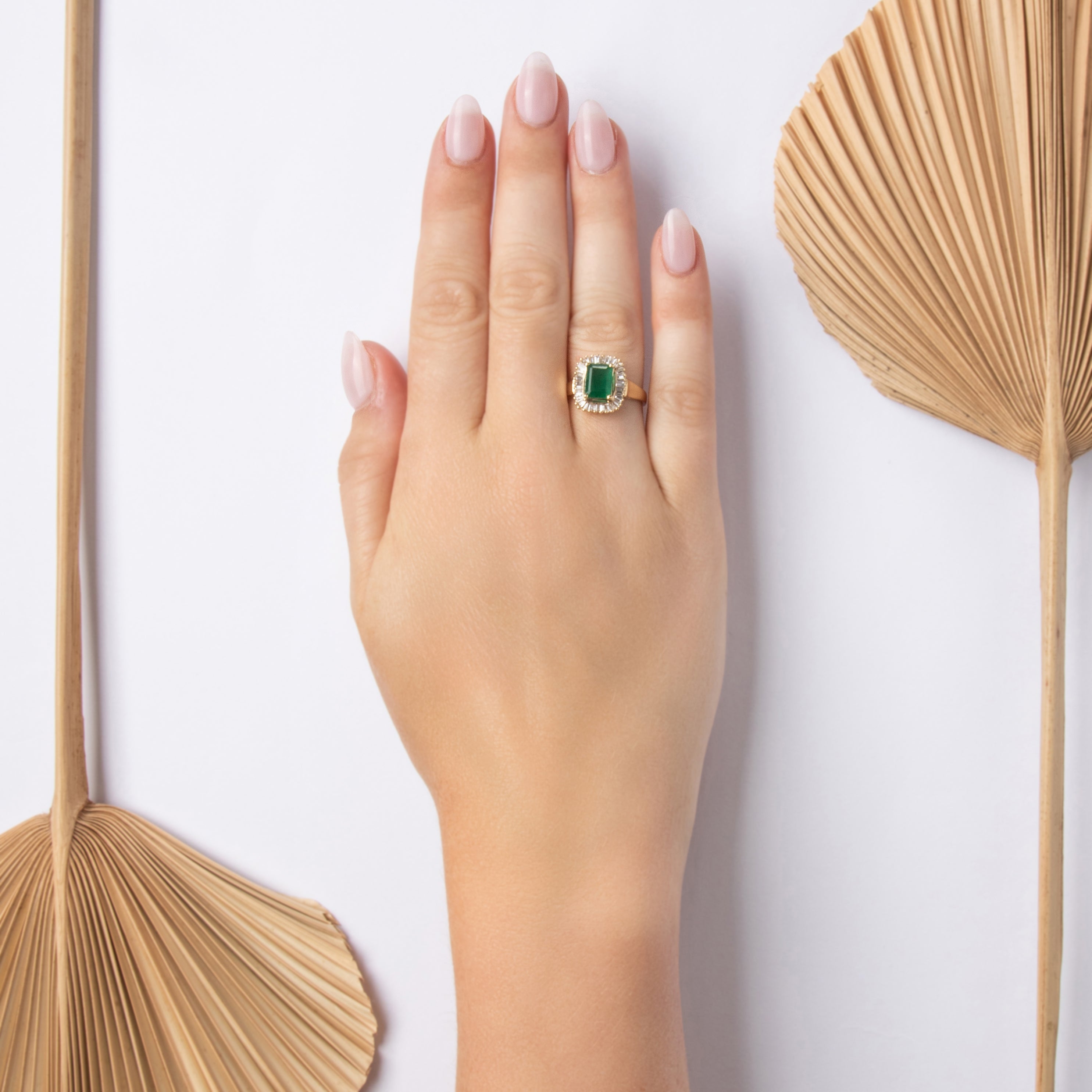 Vintage 14k Yellow Gold 1.41ct Emerald Diamond Striking Halo Ring - On model view