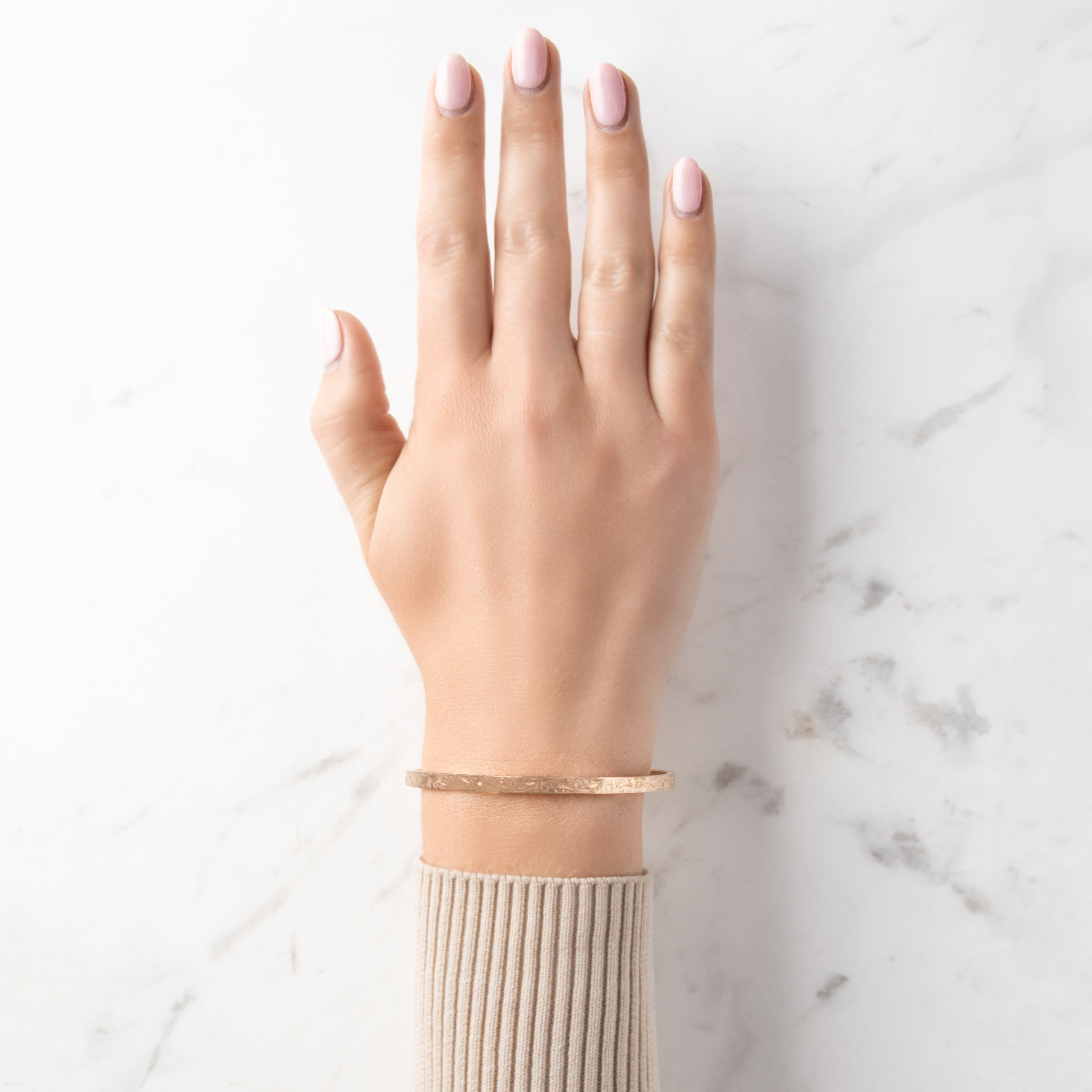 Antique Victorian 14k Rosy Yellow Gold Incredible Scrolling Floral Engraved Bangle Bracelet - On model view