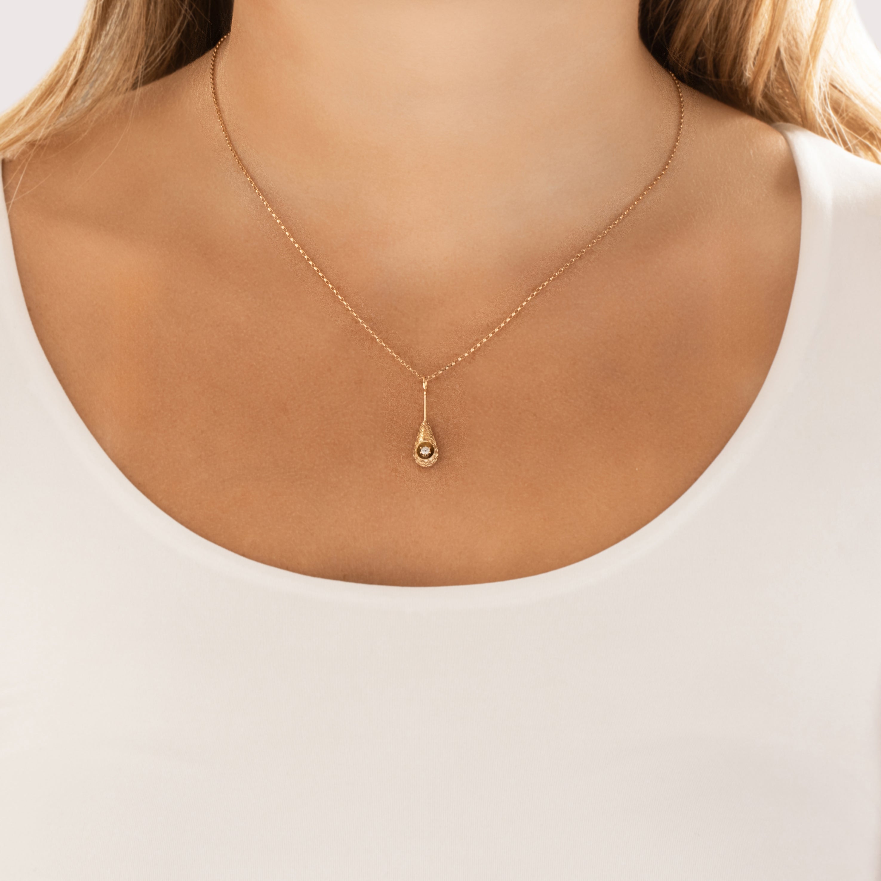 Antique Art Nouveau 14k Yellow Gold Old Mine Cut Diamond Ornate Textured Drop Pendant - On model view