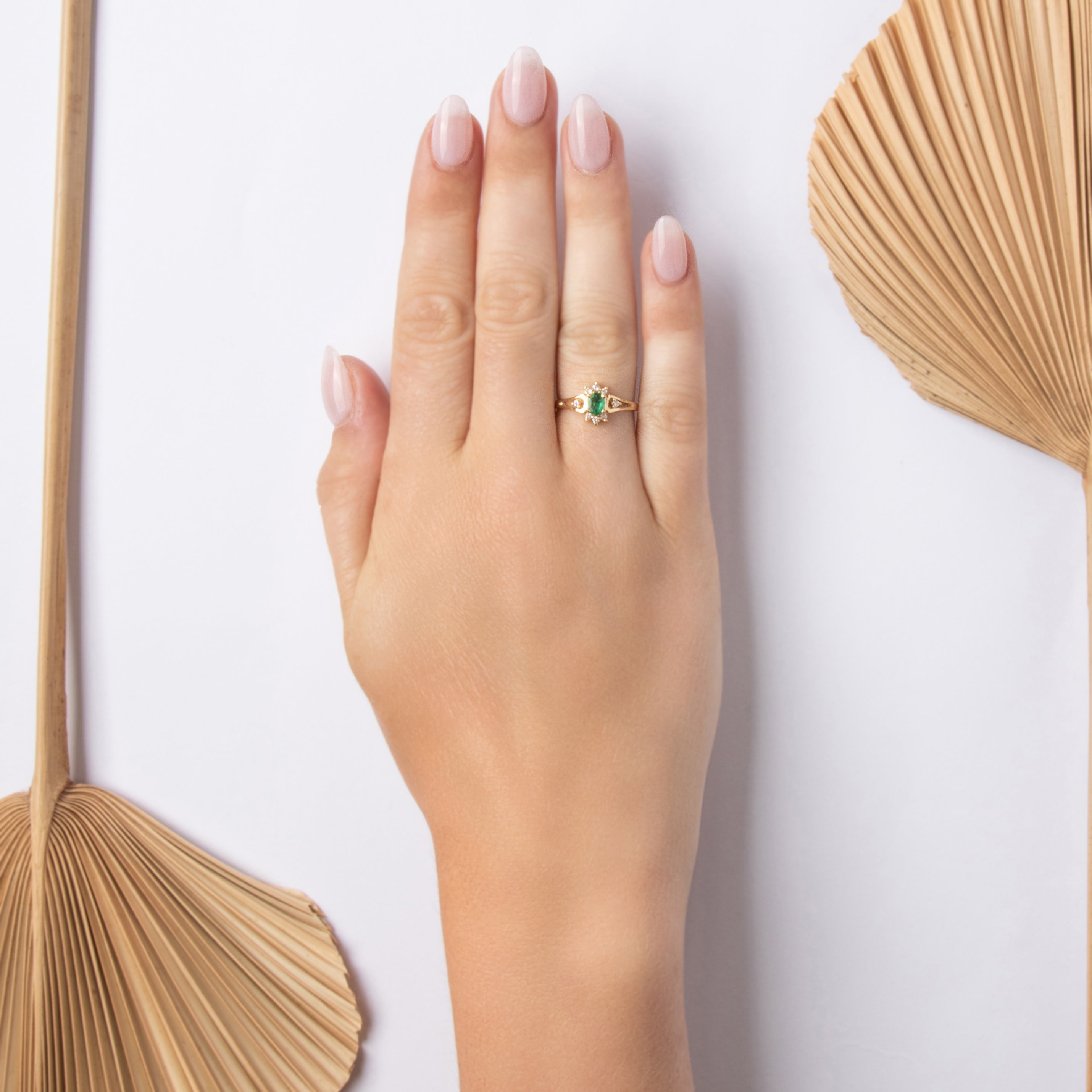Vintage 14k Yellow Gold Emerald Diamond Fantastic Burst Halo Ring - On model view