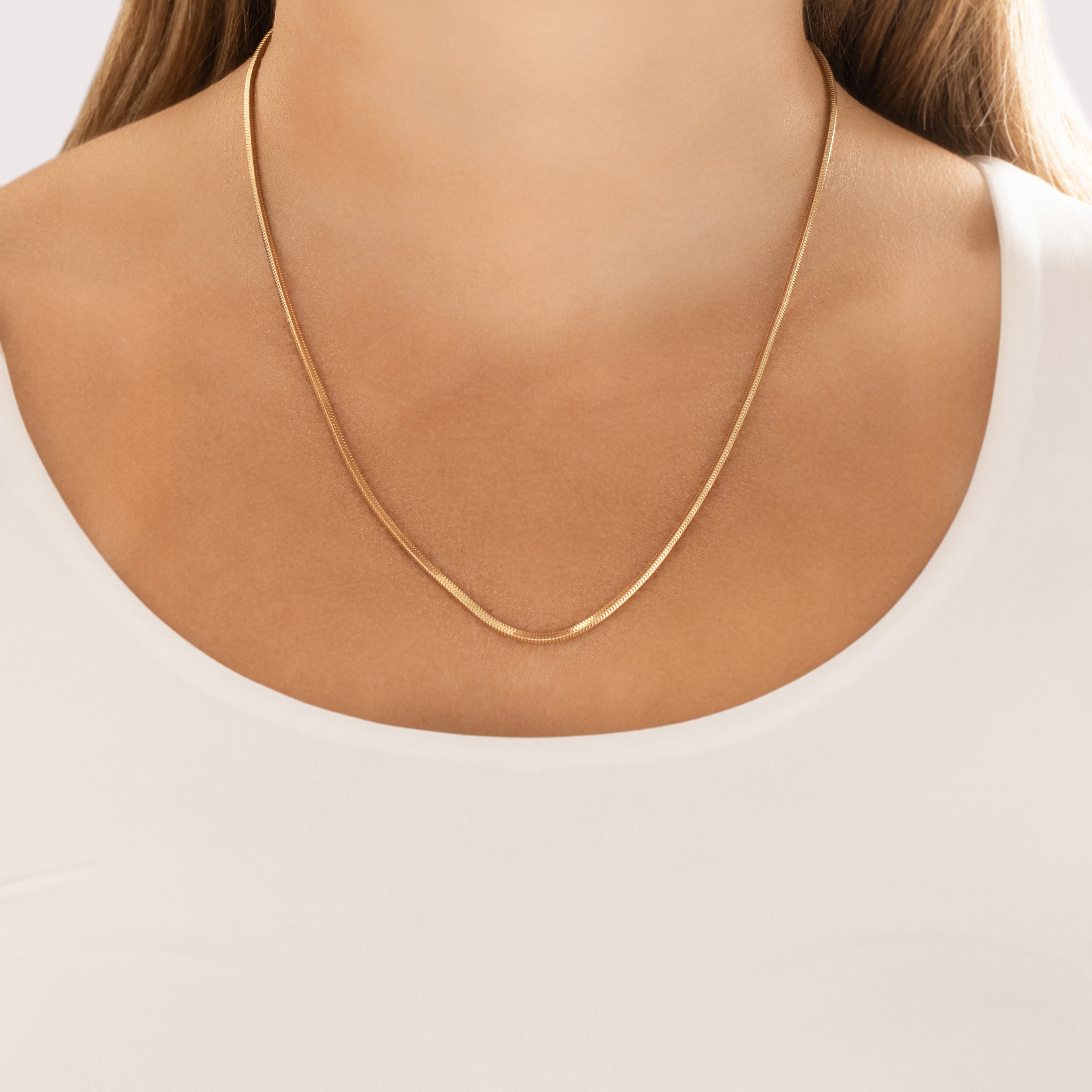 Vintage Substantial 14k Yellow Gold 2mm Squared Snake Chain - On model view