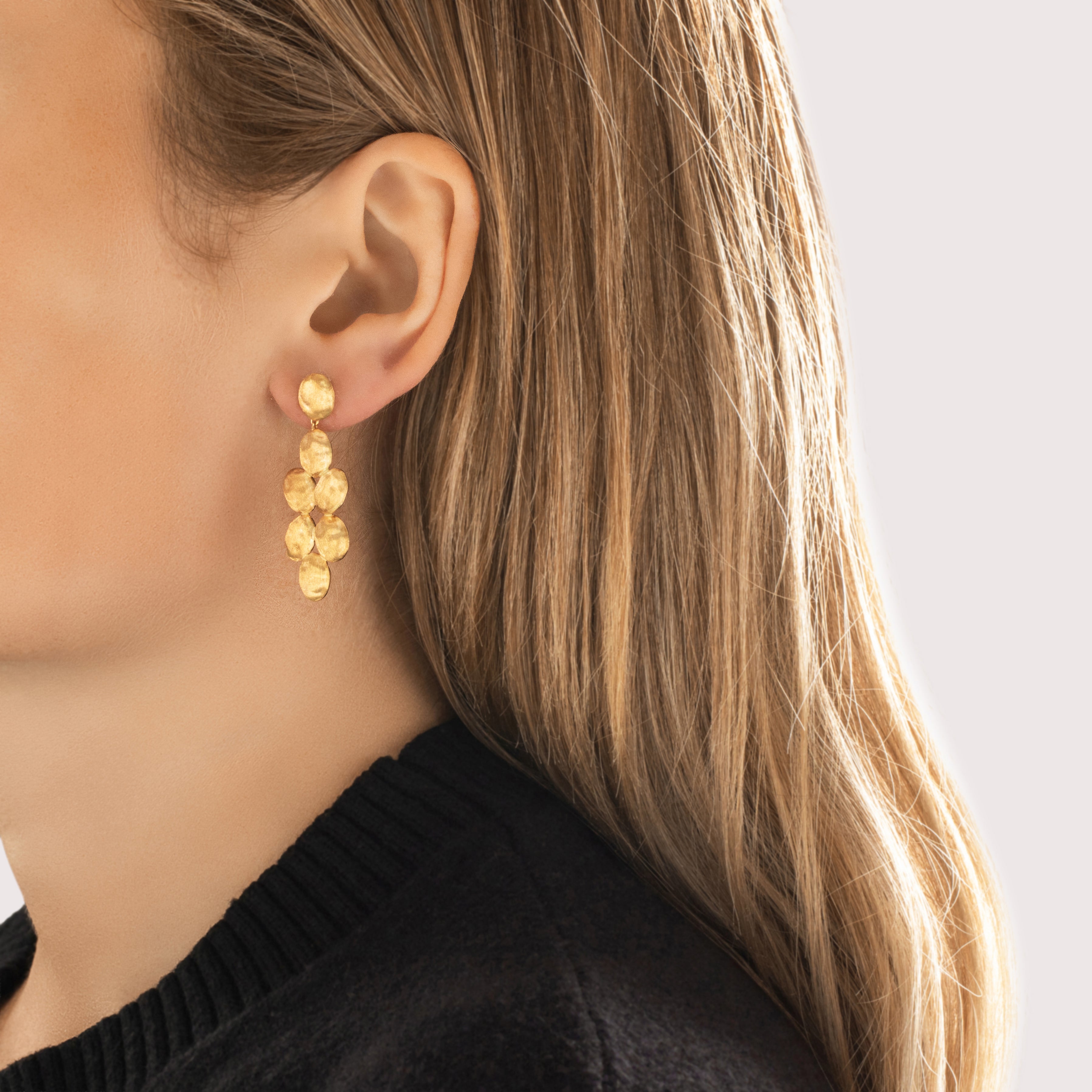 Estate Marco Bicego Italian 18k Yellow Gold Superb Florentine-Finish Dangle Earrings - On model view