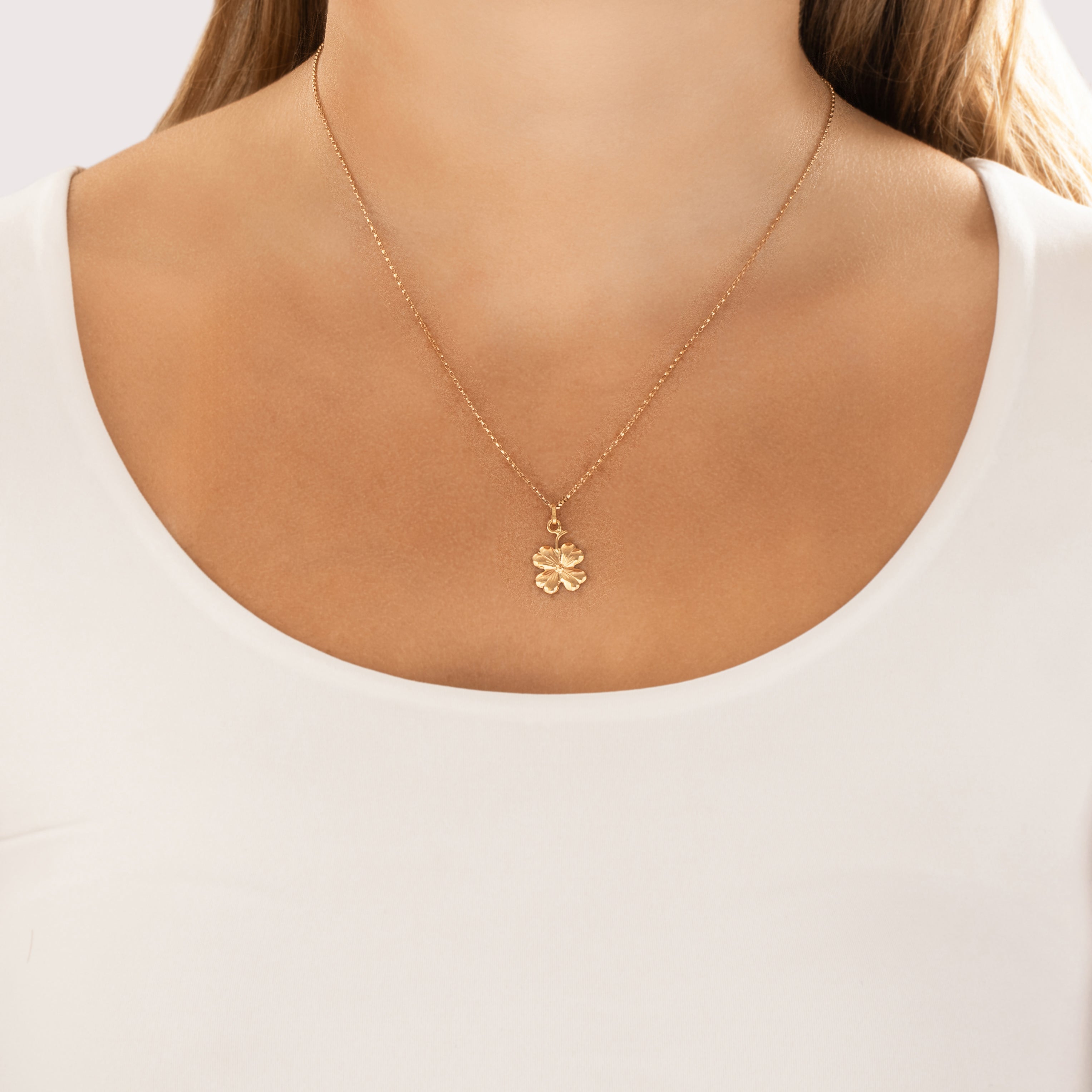 Vintage Lightweight 18k Rosy Yellow Gold Lucky Clover Charm / Pendant - On model view