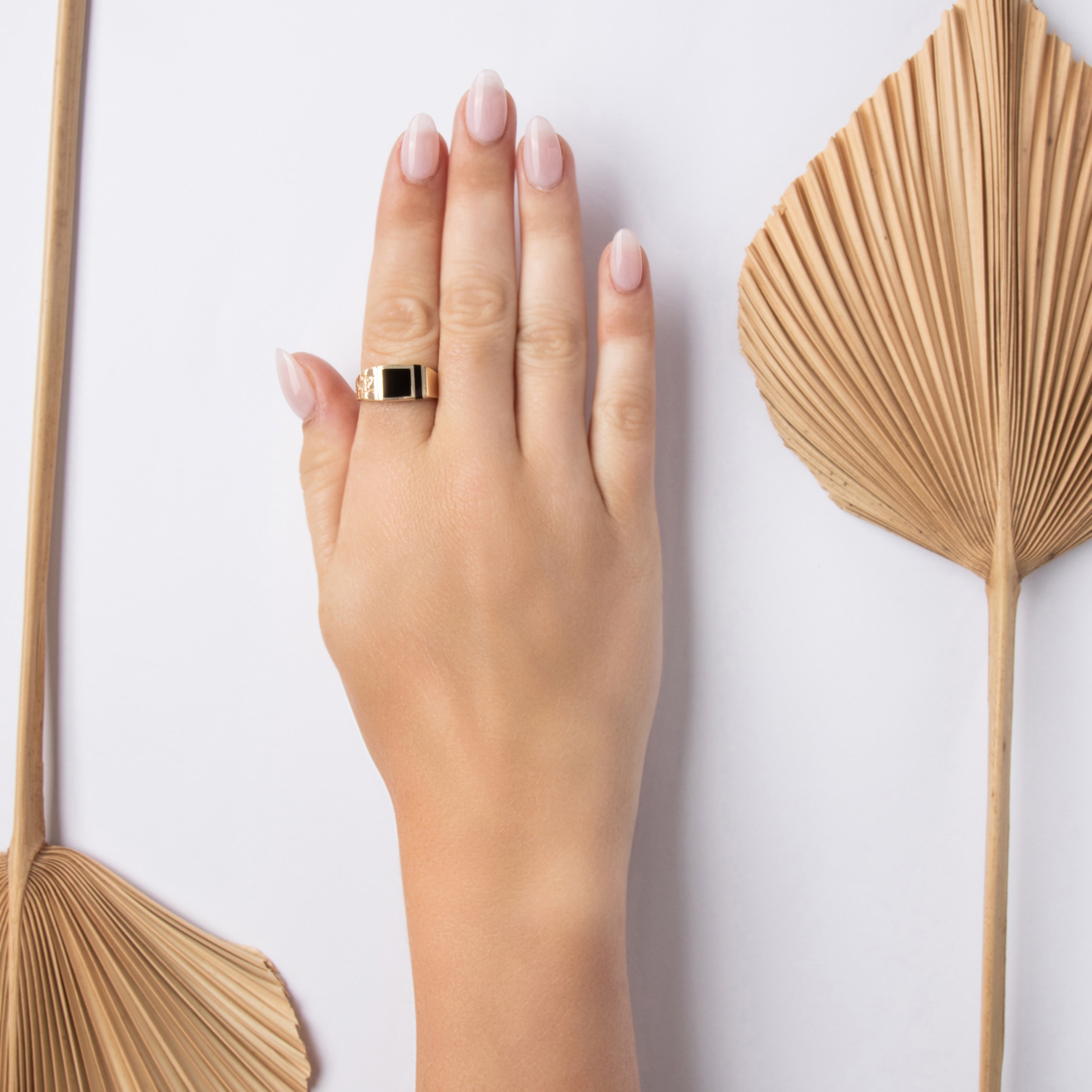Vintage 14k Yellow Gold Onyx Funky Geometric Inlay Ring - On model view