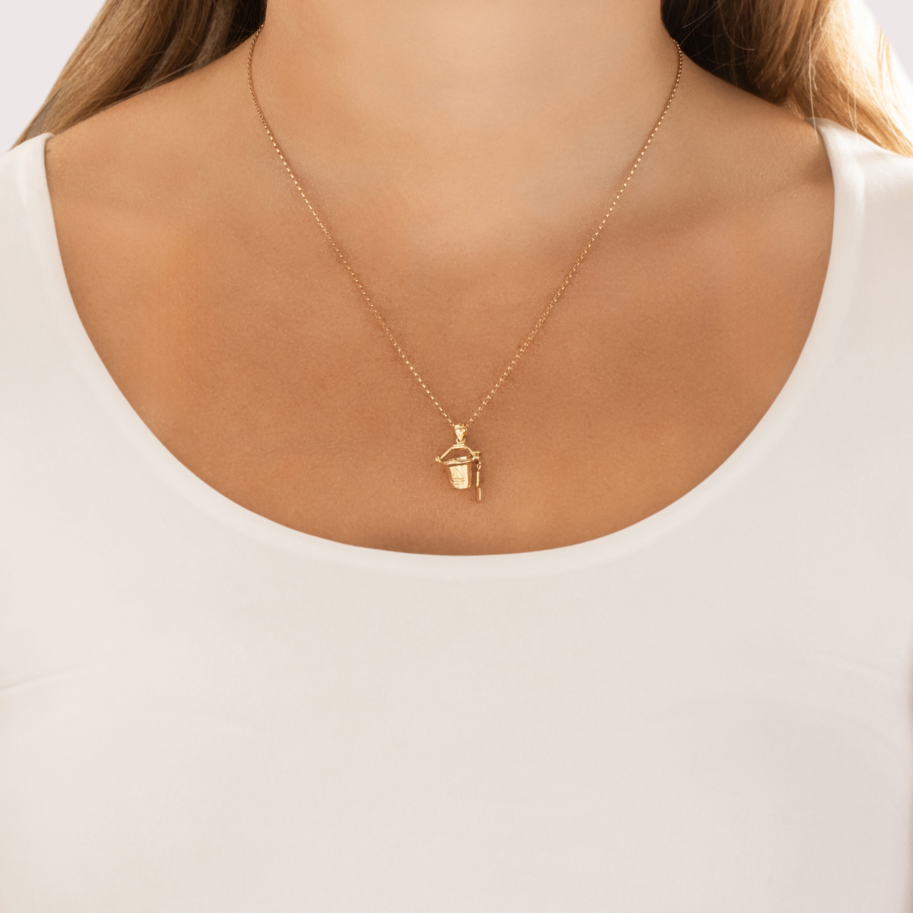 Vintage 14k Yellow Gold Playful Beach Bucket And Pail Charm / Pendant - On model view