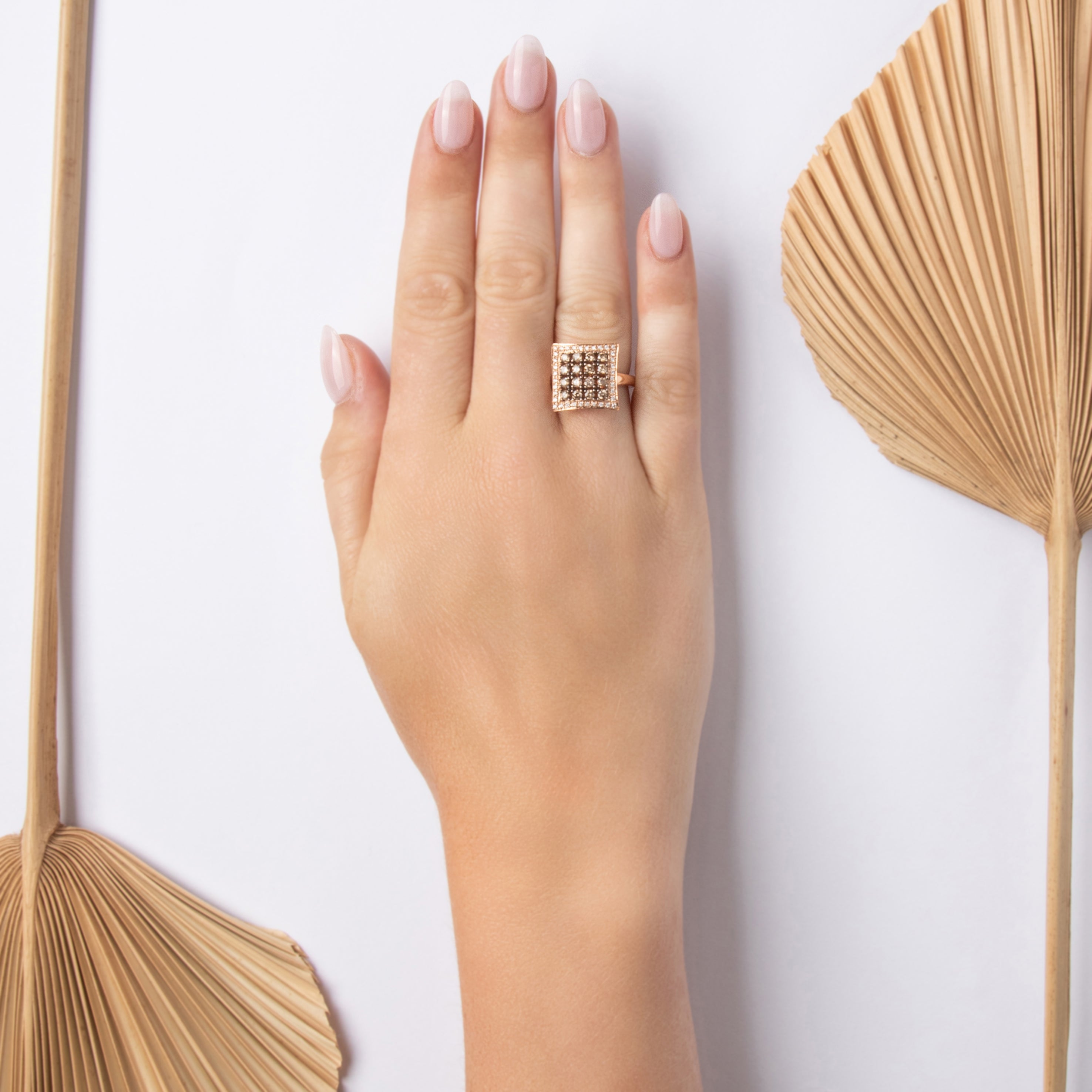 Estate 14k Rose Gold Champagne Diamond White Diamond Sparkling Tile Ring - On model view