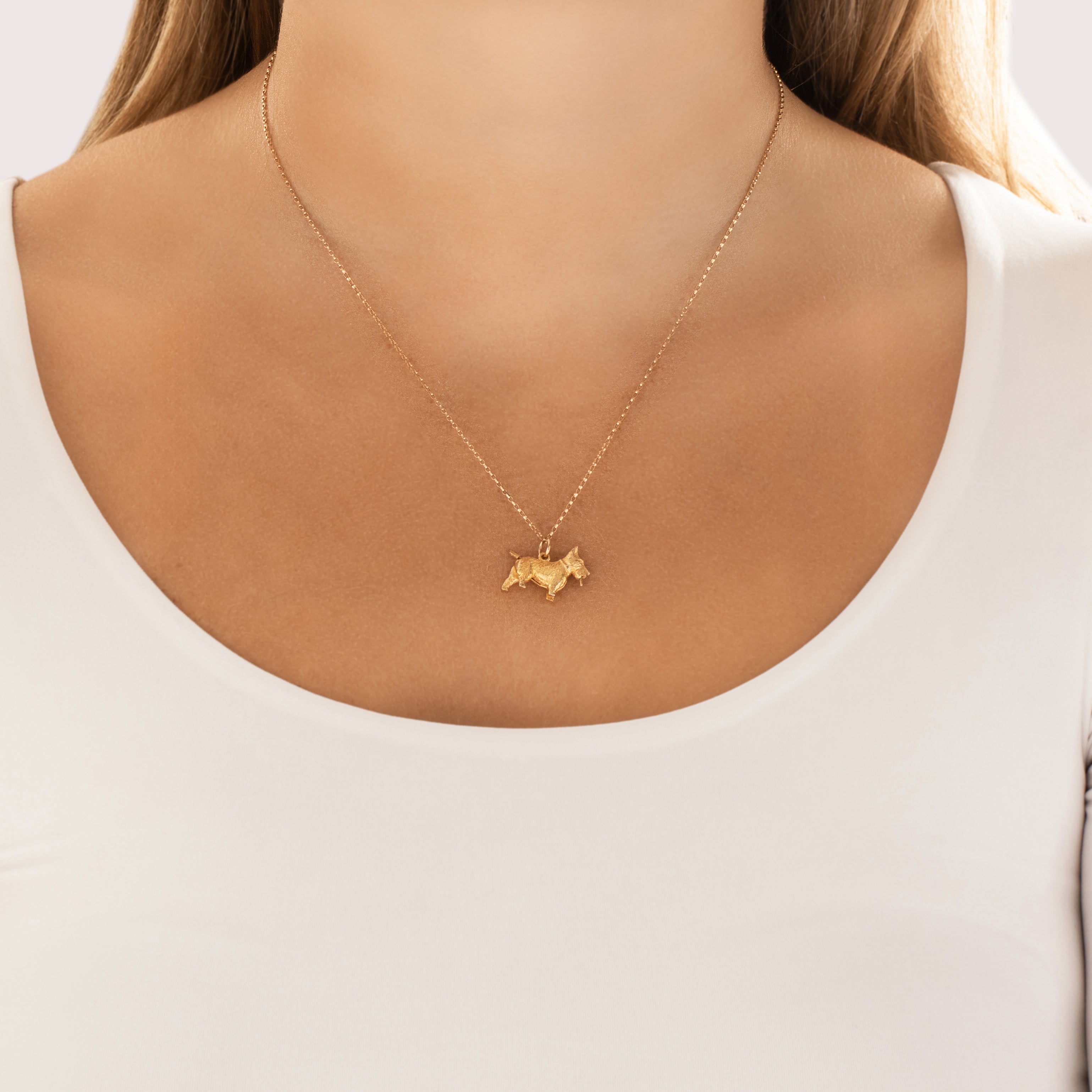 Vintage English 9k Yellow Gold Cheeky Wagging Puppy Charm / Pendant - On model view
