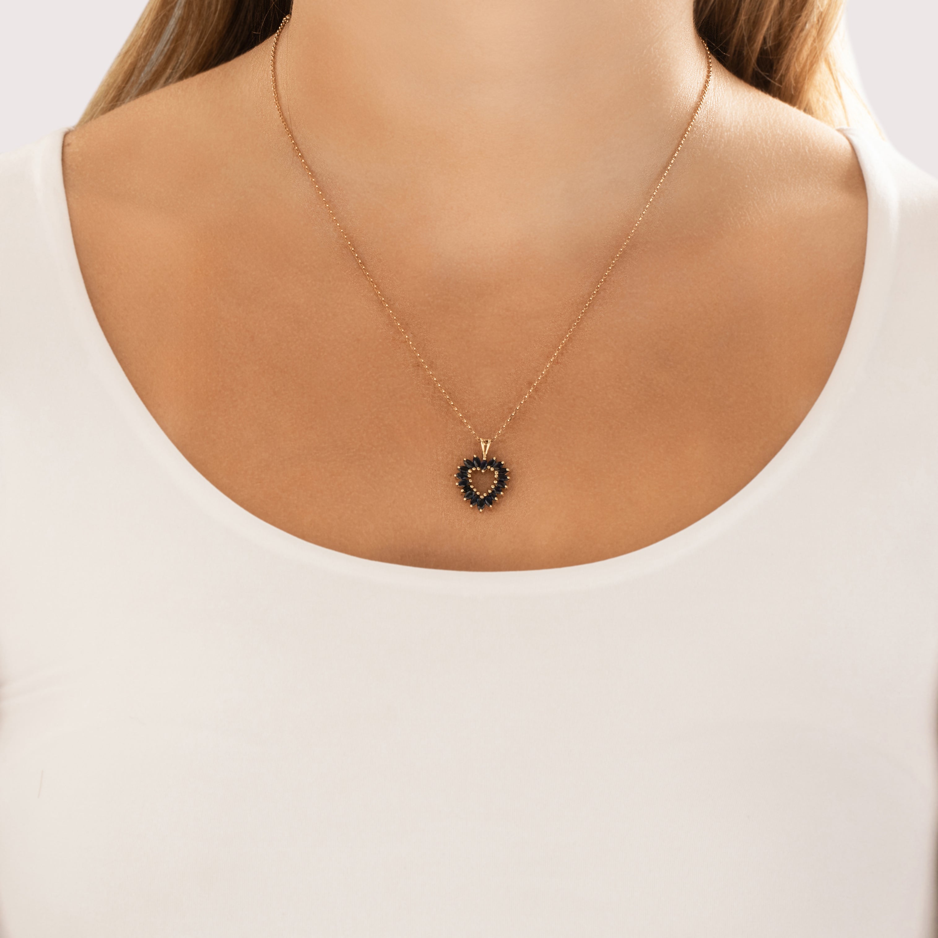 Vintage 10k Yellow Gold .93cttw Blue Sapphire Romantic Marquise Heart Pendant - On model view