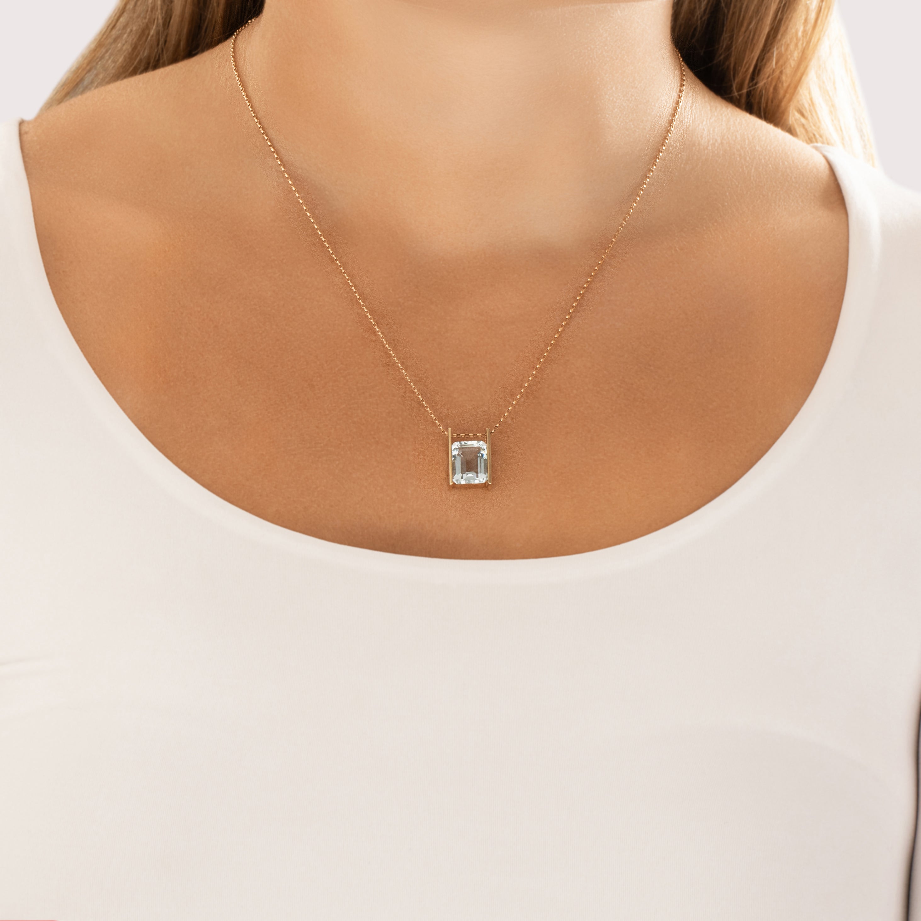 Vintage 10k Yellow Gold 5.69ct Aquamarine Chic Suspended Solitaire Slide Pendant - On model view