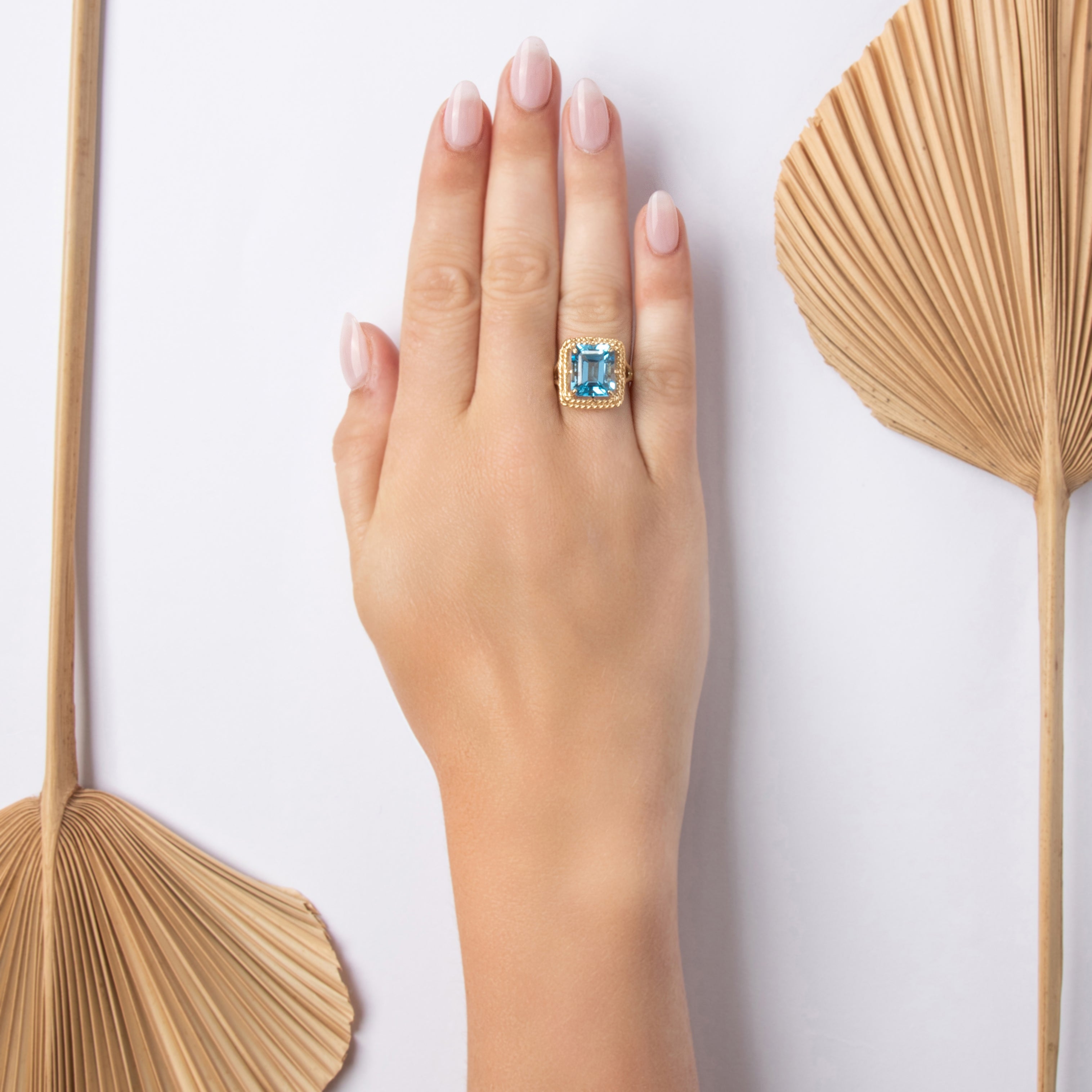 Vintage 10k Yellow Gold 7.77ct Blue Topaz Bright Rope-Framed Cocktail Ring - On model view