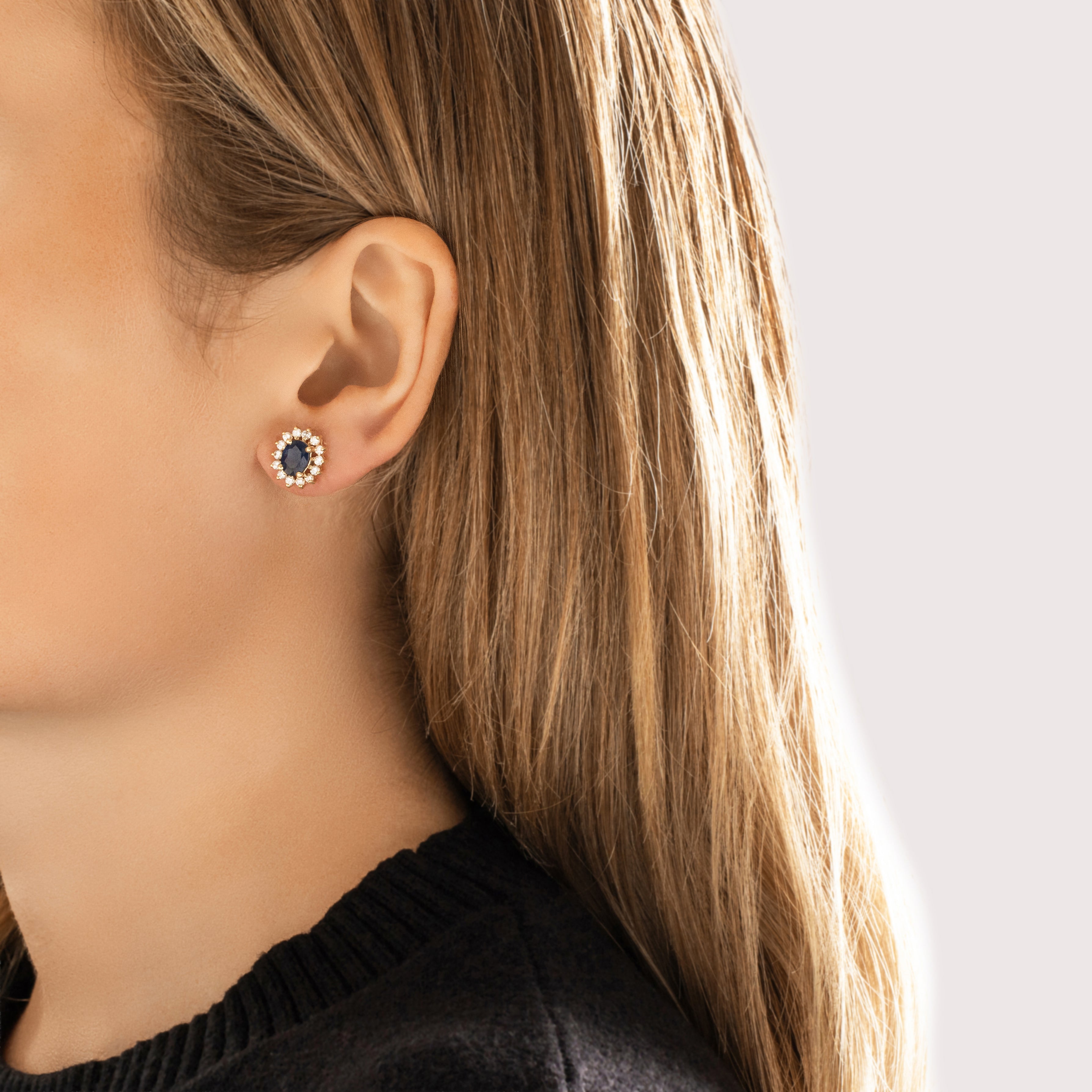 Vintage 14k Yellow Gold 1.74cttw Blue Sapphire .63cttw Diamond Striking Oval Halo Stud Earrings - On model view