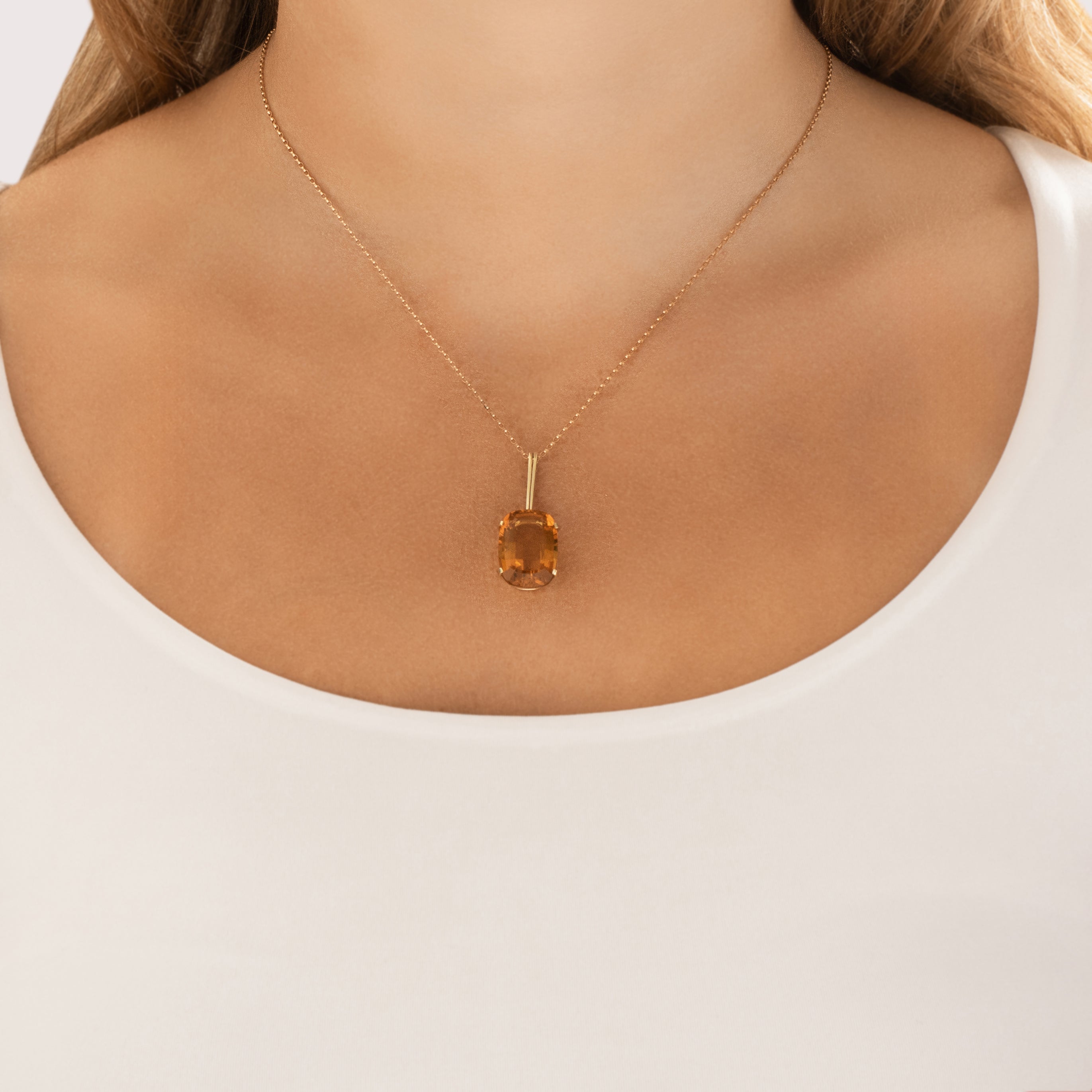 Vintage 14k Yellow Gold 11.46ct Citrine Long Dangle Sunny Solitaire Pendant - On model view