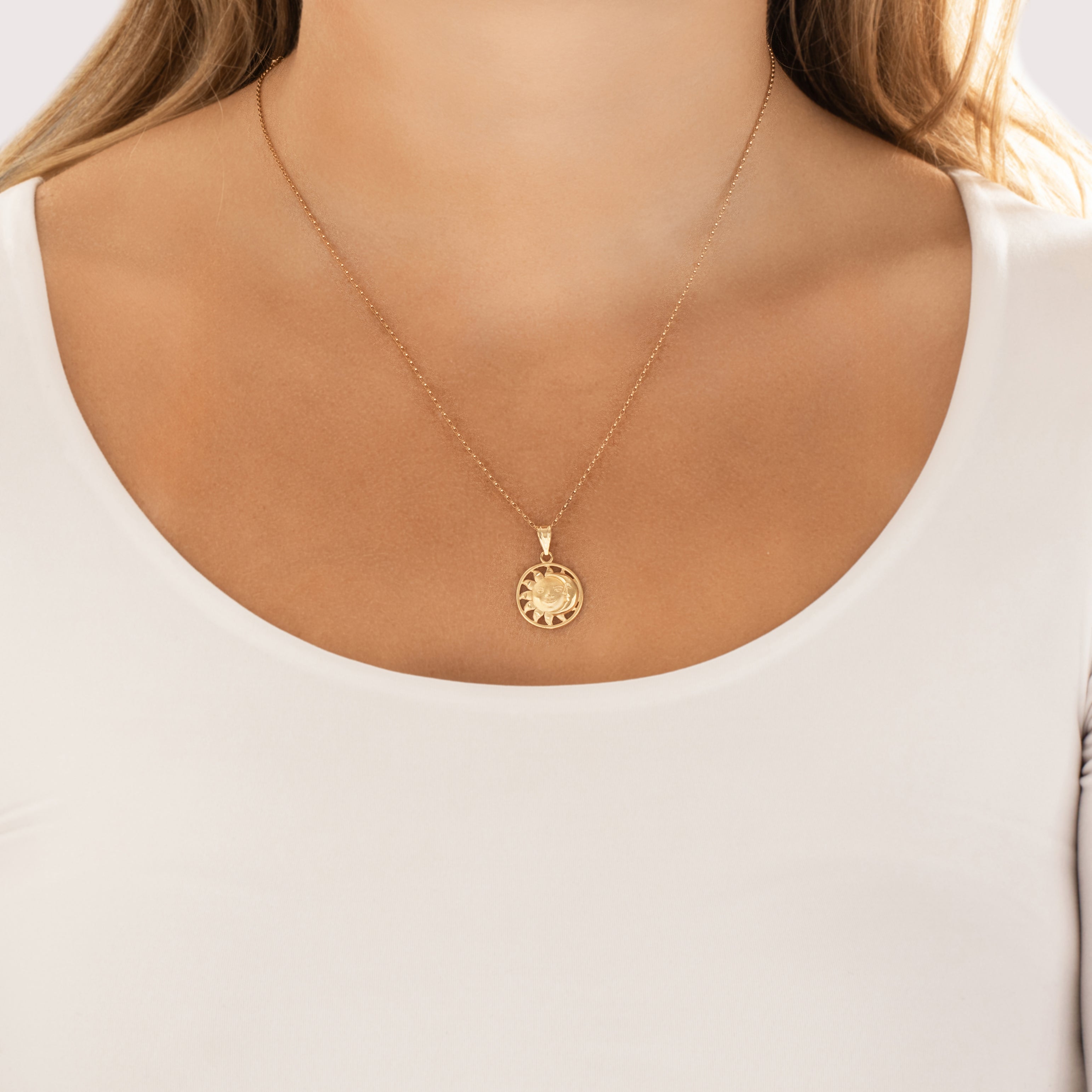 Vintage Lightweight 14k Yellow Gold Celestial Duo Pendant - On model view