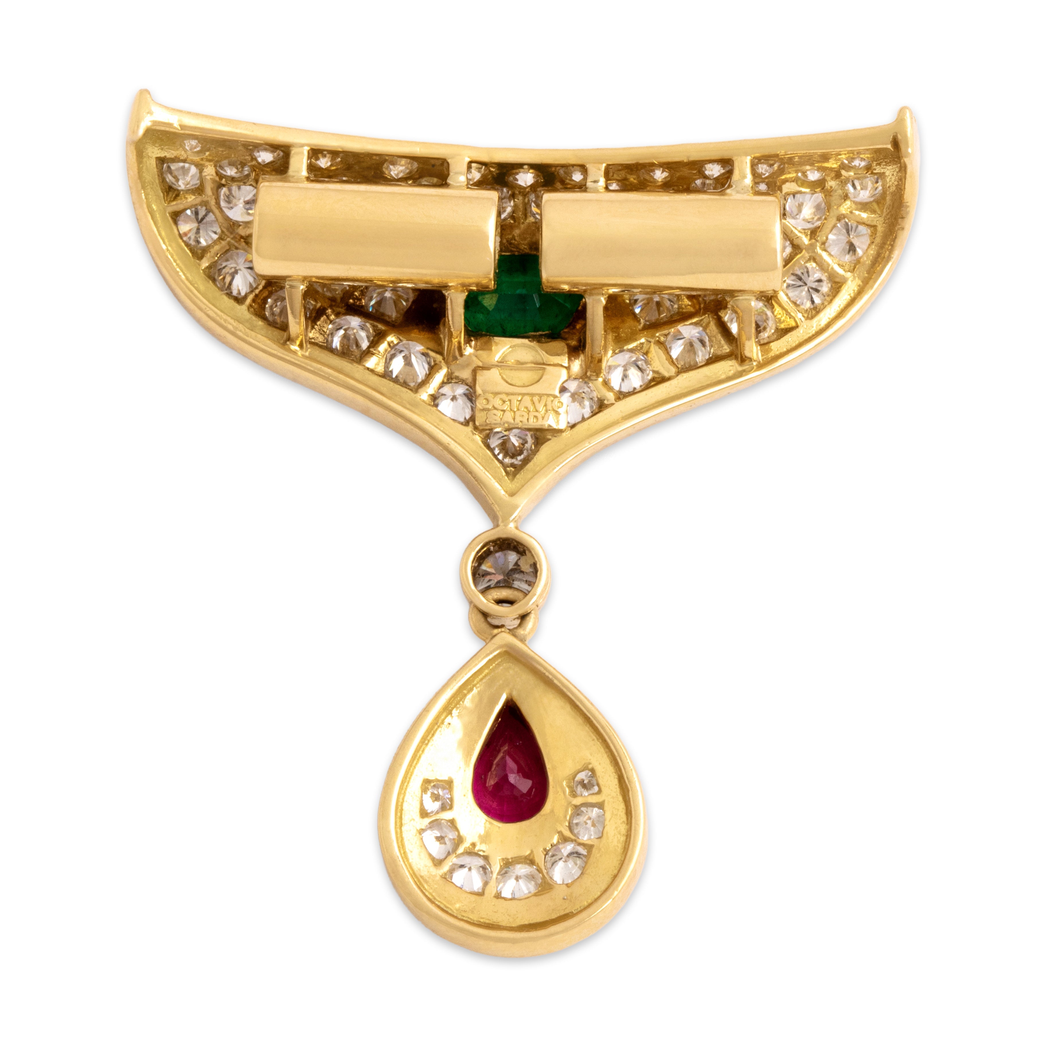 Vintage 18k Yellow Gold .5ct Emerald 1.04cttw Diamond Ruby Elegant Teardrop Dangle Slide Pendant - Back view