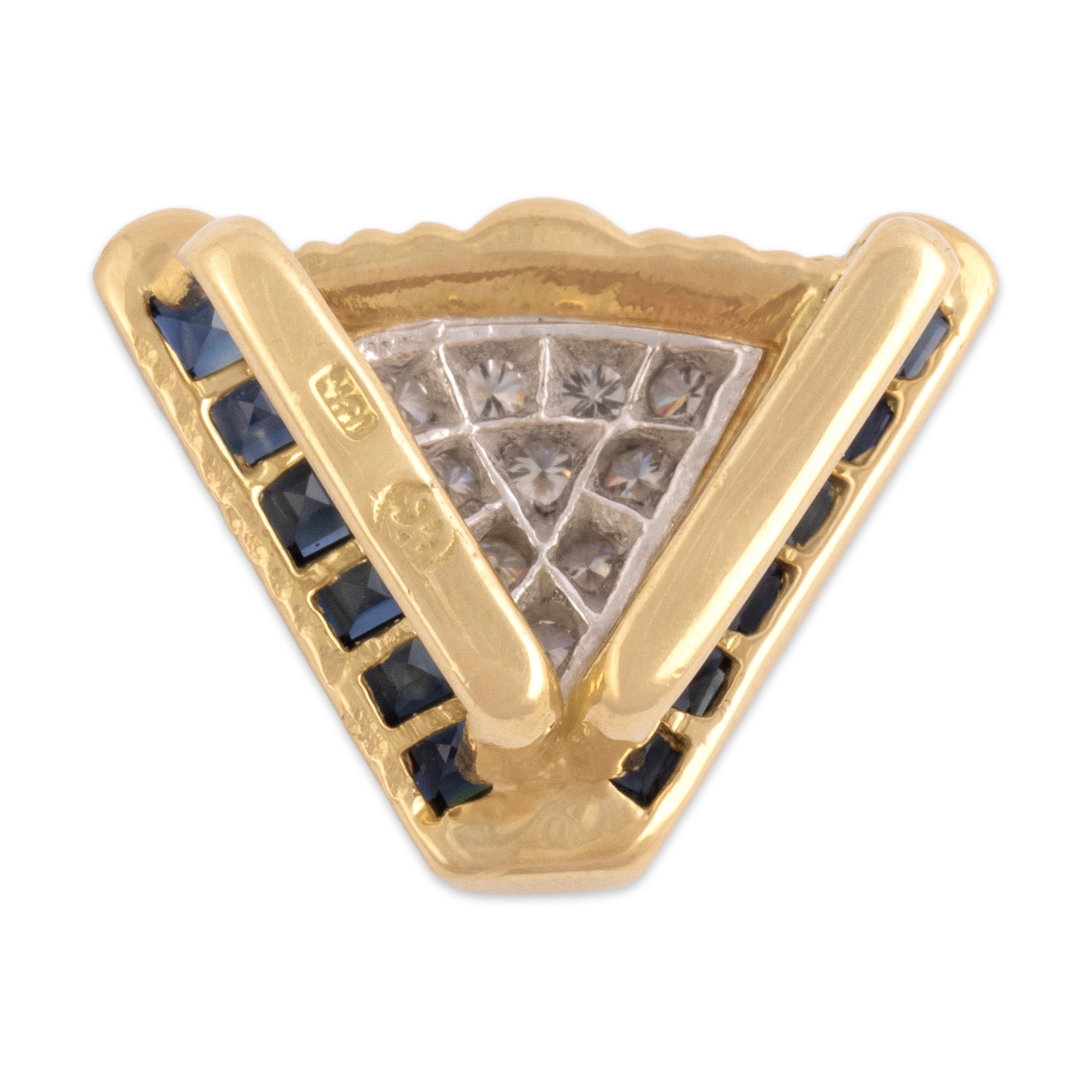 Vintage 18k Yellow Gold .6cttw Blue Sapphire Diamond Geometric V Channel Slide Pendant - Back view