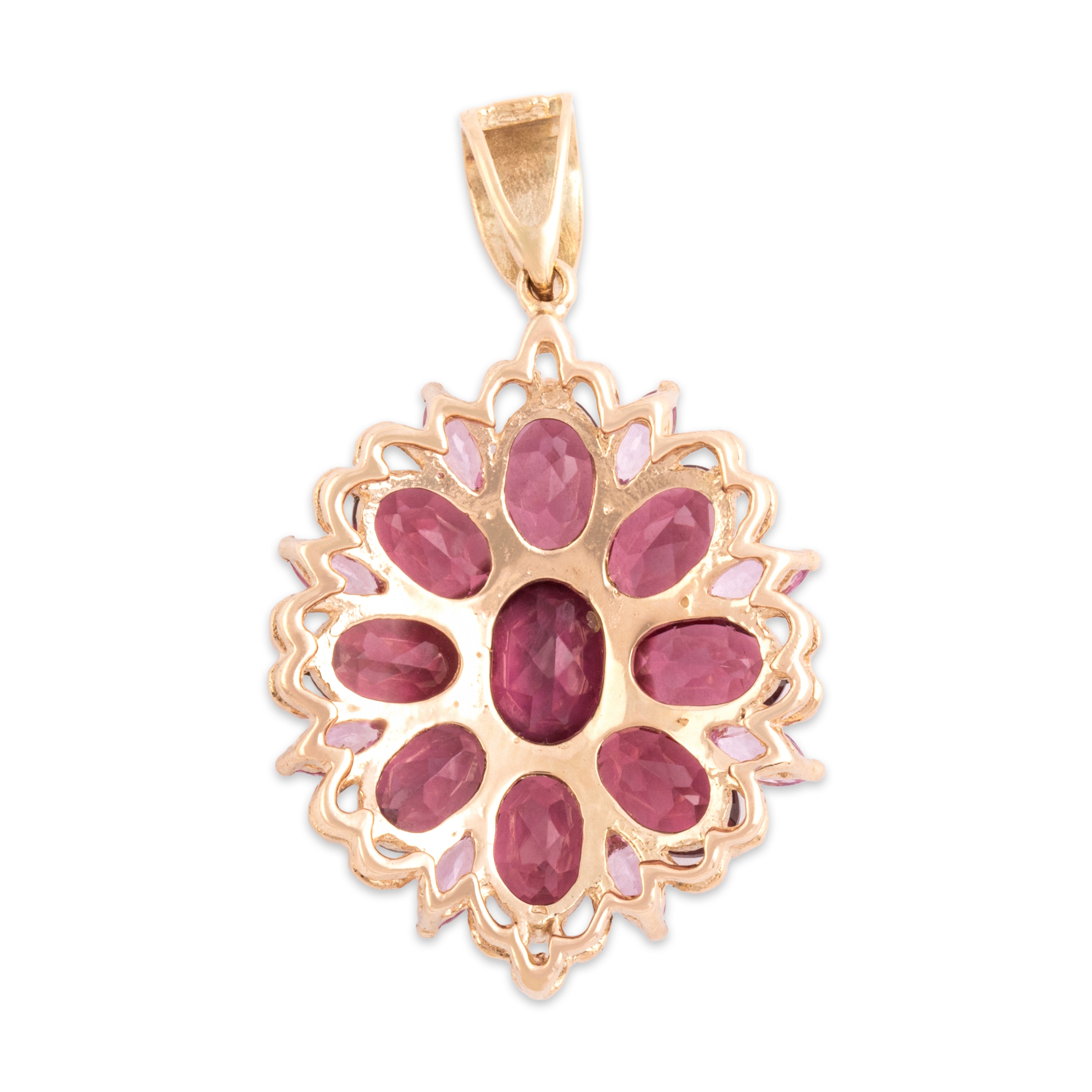 Vintage 10k Yellow Gold 4.86cttw Pink Garnet .5cttw Pink Sapphire Beautiful Bright Floriform Burst Pendant - Back view