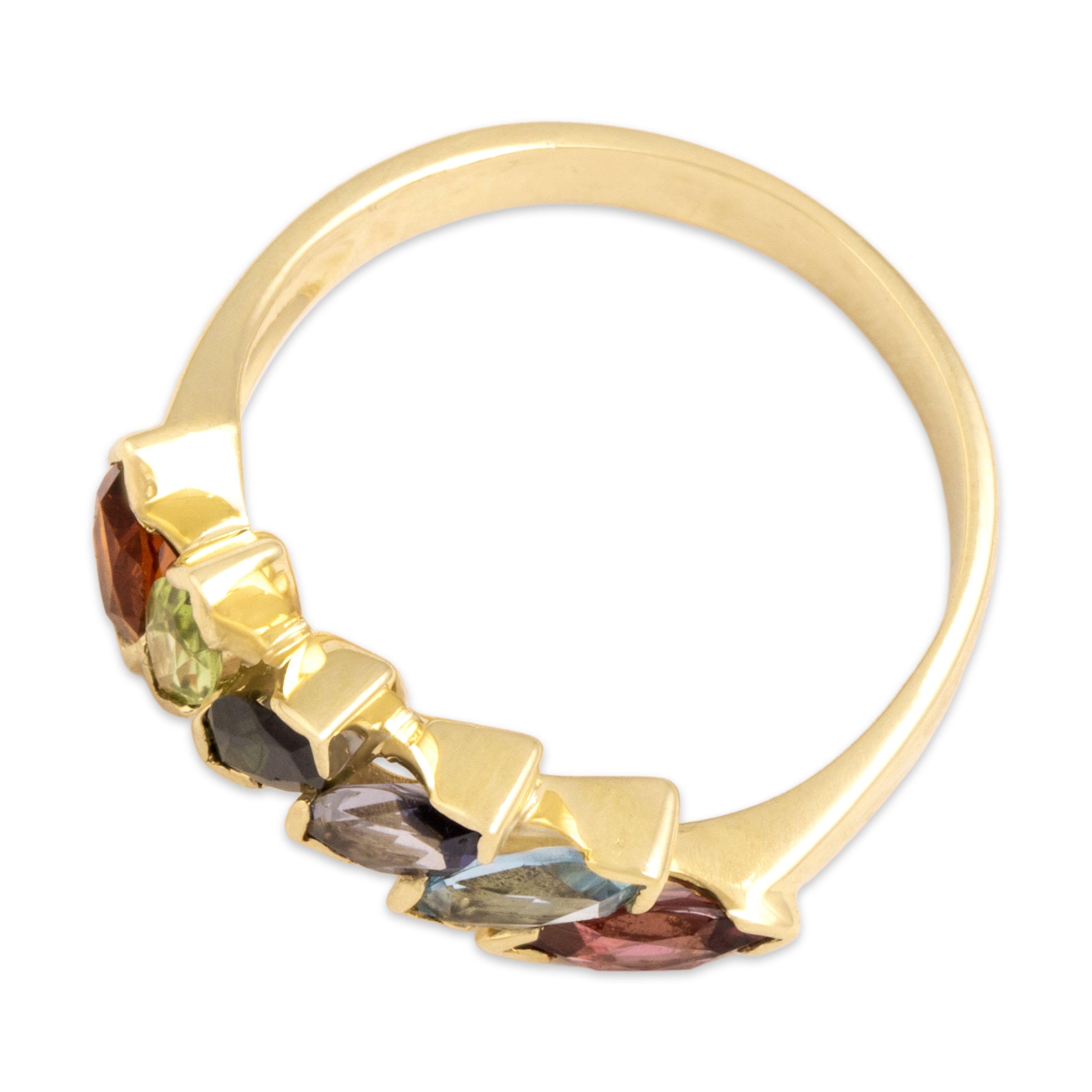 Vintage 14k Yellow Gold Pink Garnet Palmeira Citrine Green Tourmaline Iolite Aquamarine Peridot Arched Rainbow Marquise Ring - Overall view