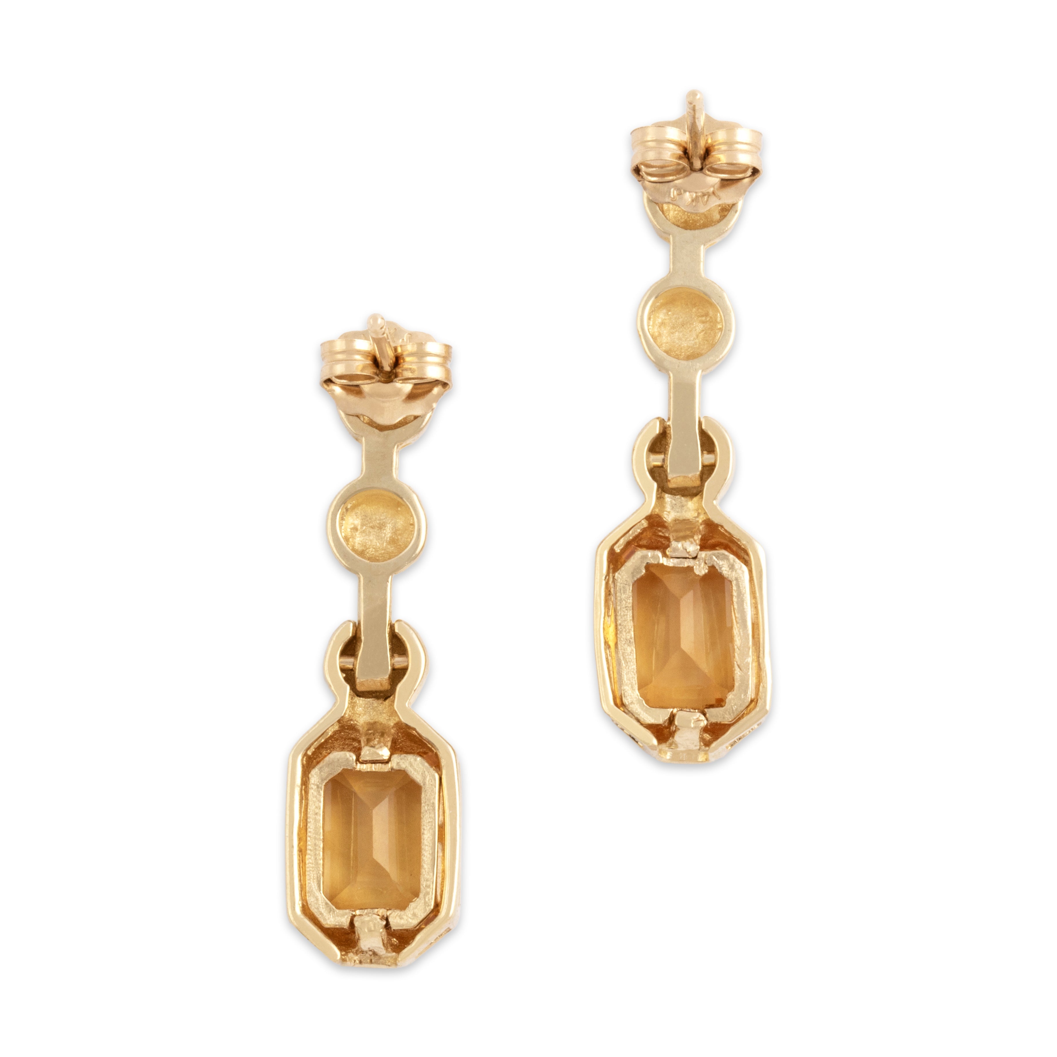 Vintage 14k Yellow Gold 1.63cttw Citrine Stylish Modern Bezel Dangle Earrings - Back view