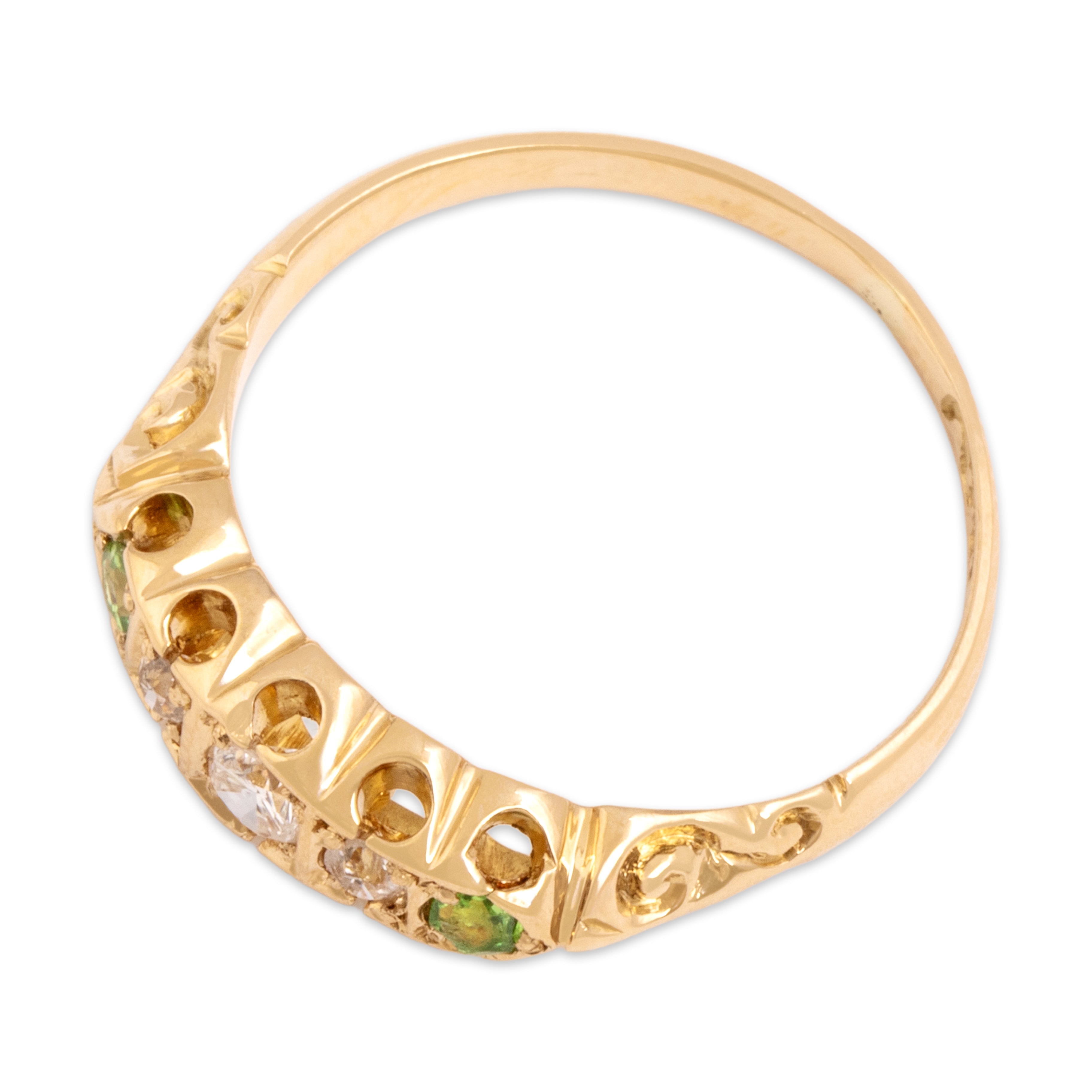 Antique 14k Yellow Gold Old Mine Cut Diamond Green Garnet Bright Ruffled Line Ring - Overall view