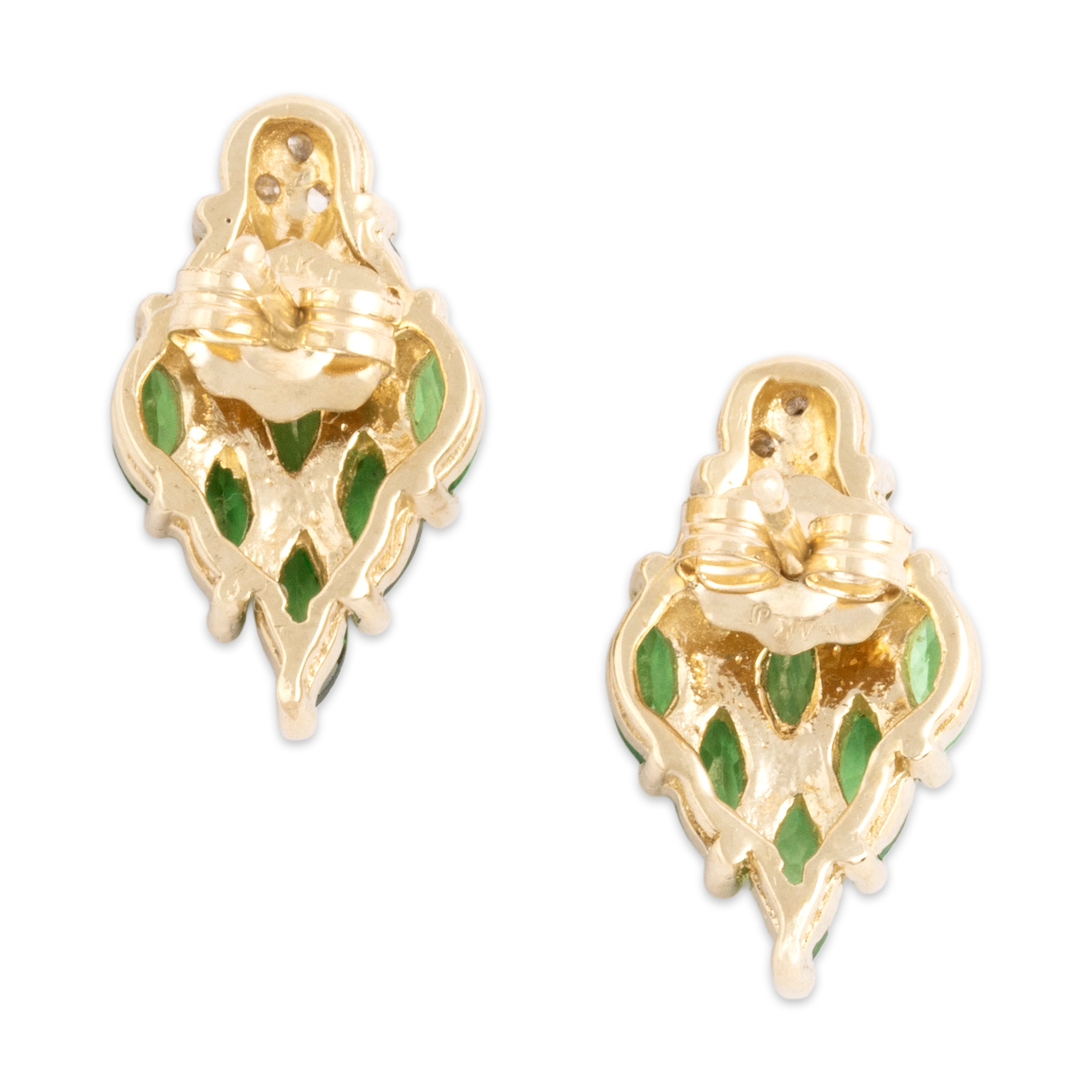 Vintage 14k Yellow Gold .77cttw Green Garnet Diamond Dynamic Bright Cluster Stud Earrings - Back view