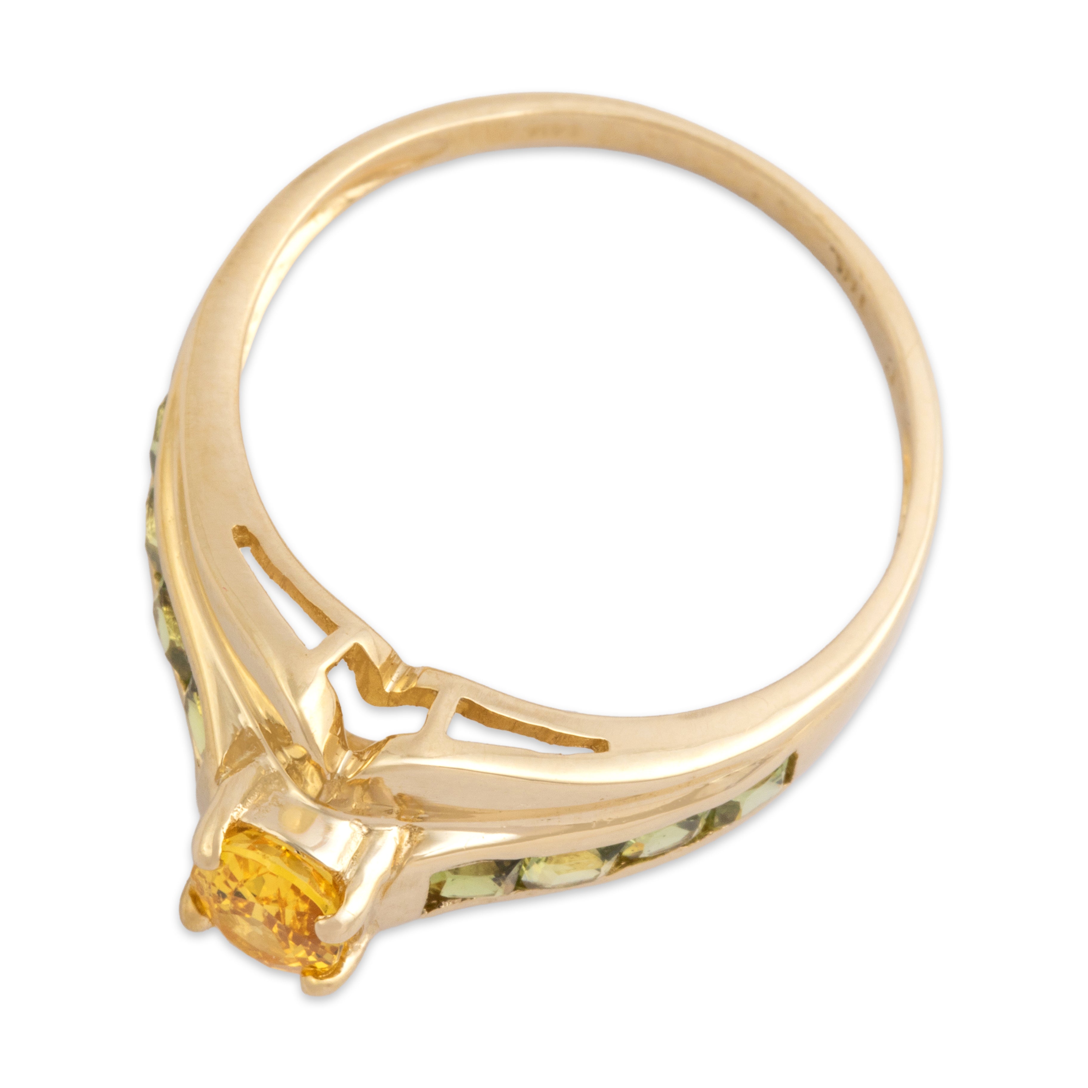 Vintage 14k Yellow Gold 1.34cttw Green Yellow Sapphire Vibrant Channel Shoulder Ring - Overall view
