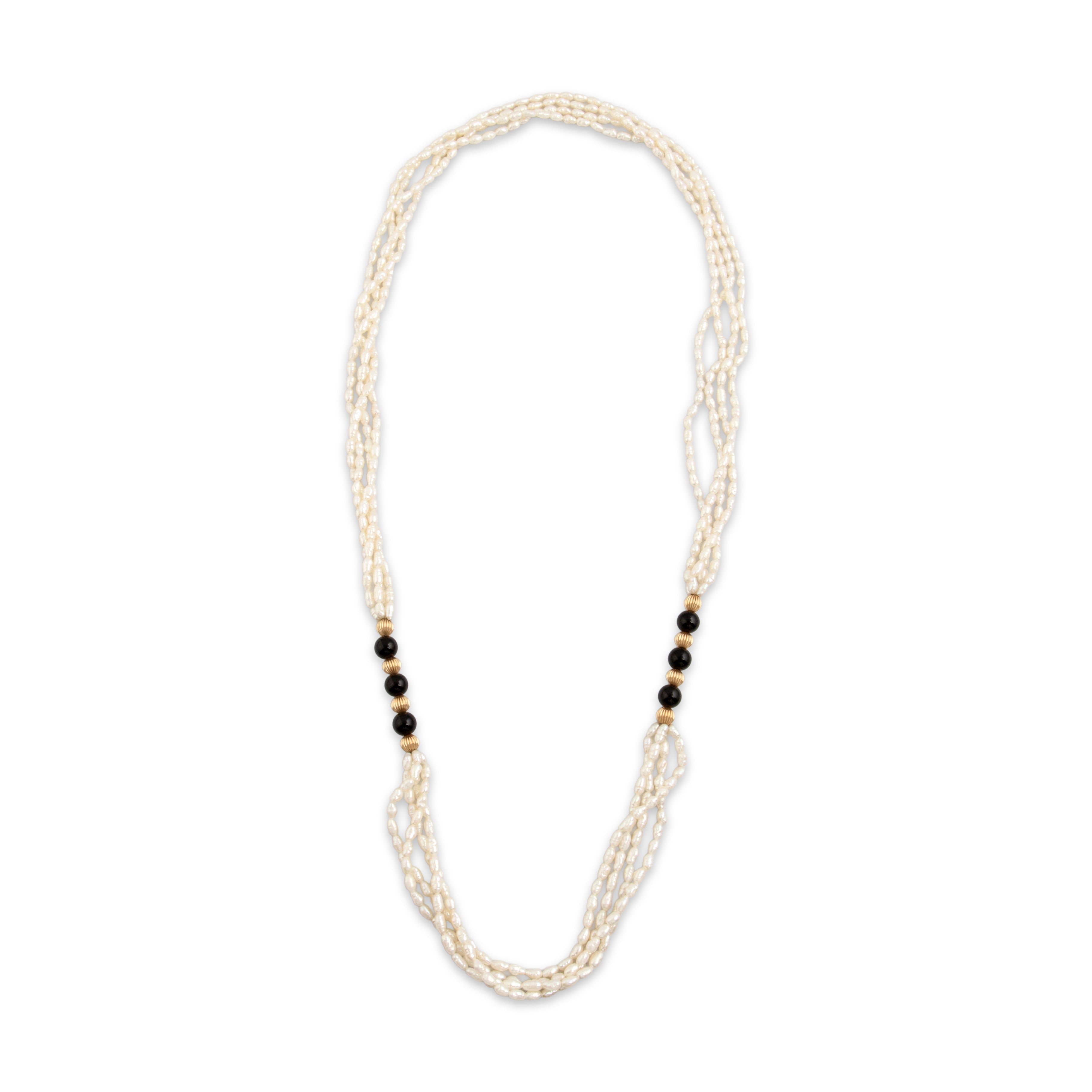 Vintage 14k Yellow Gold Seed Pearl Black Glass Long Naturalistic Beaded Necklace - Overall view