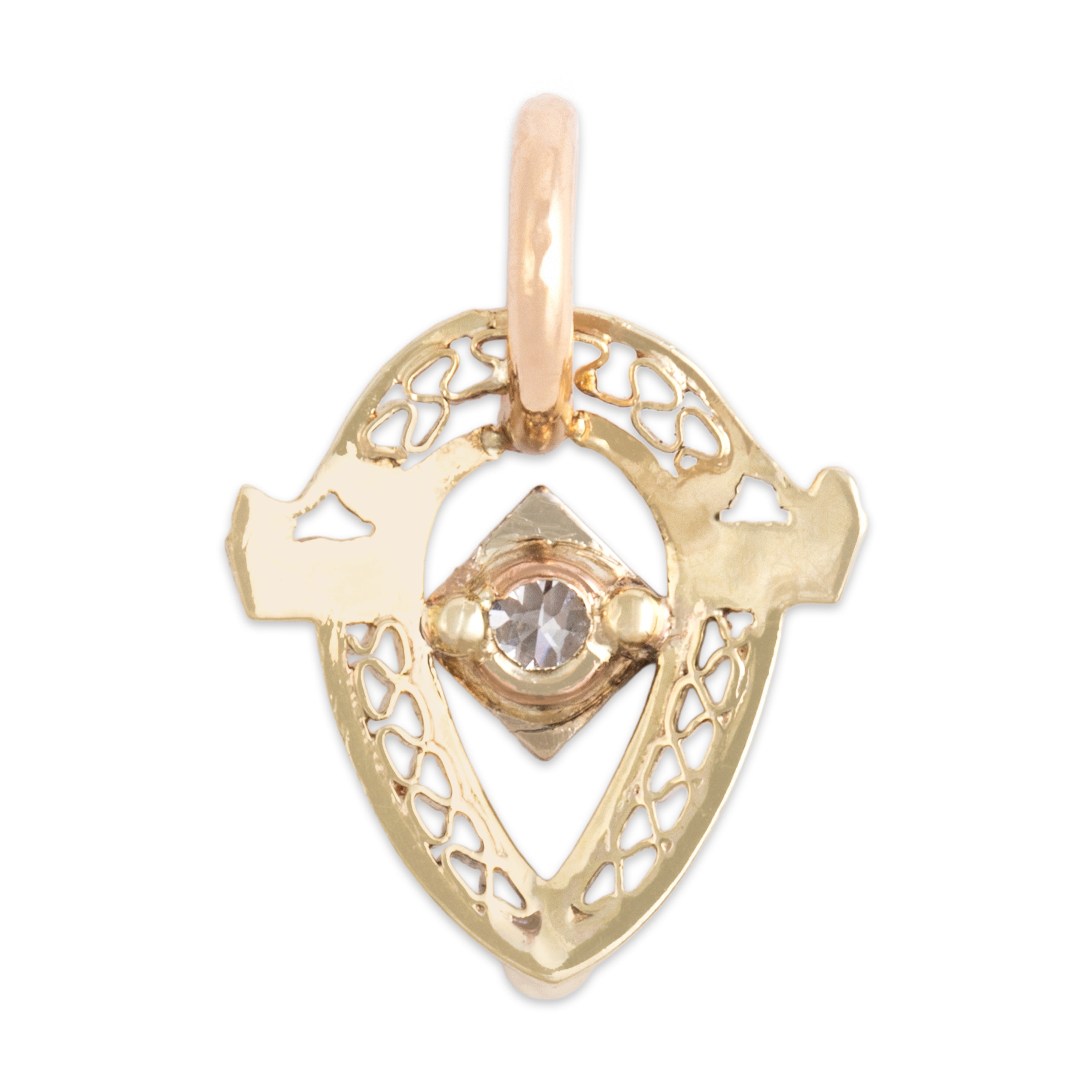 Antique Art Deco 14k Yellow Gold Old European Cut Diamond Pearl Lovely Openwork Slide Pendant - Back view