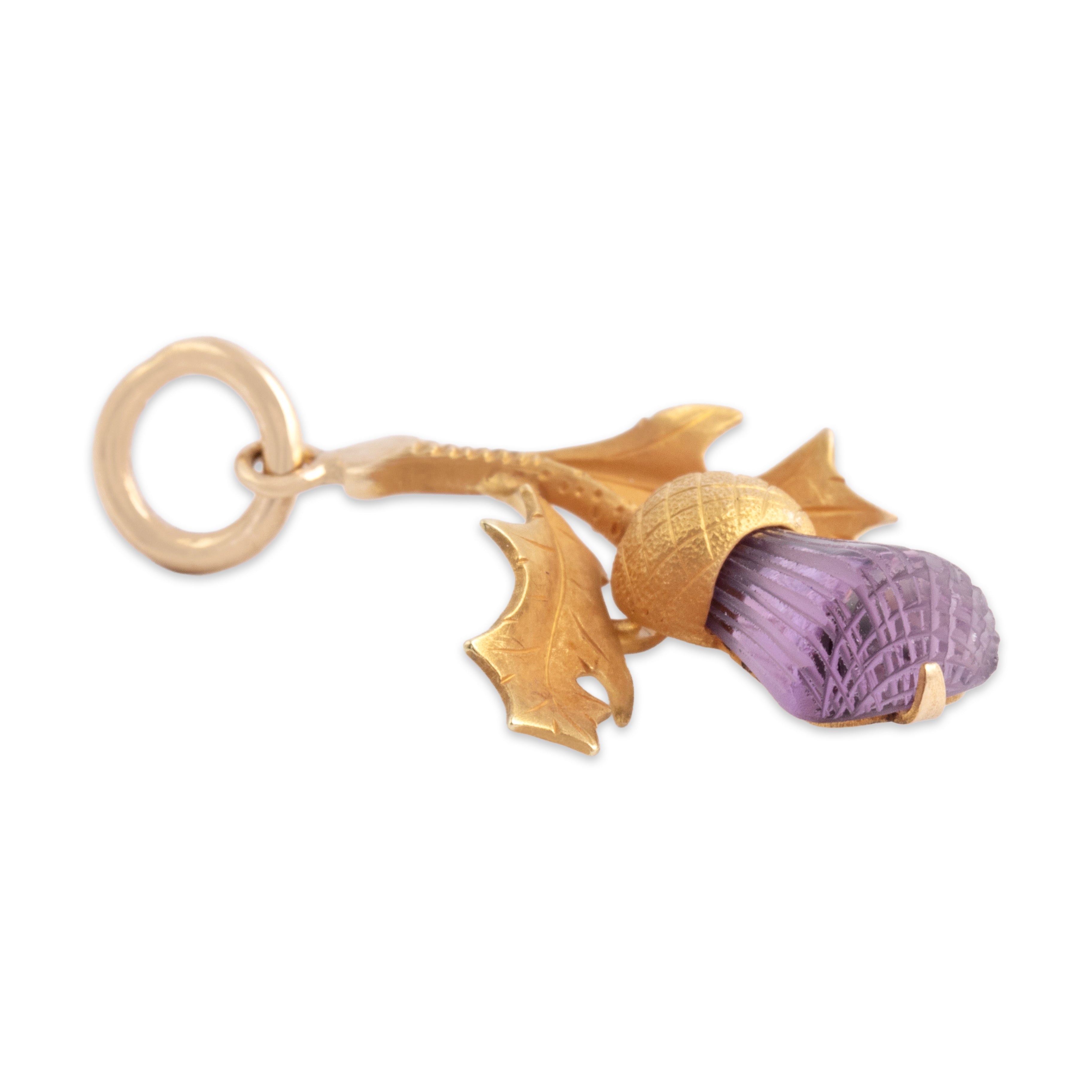 Antique 14k Yellow Gold Amethyst Wondrous Carved Thistle Charm / Pendant - detail view #1