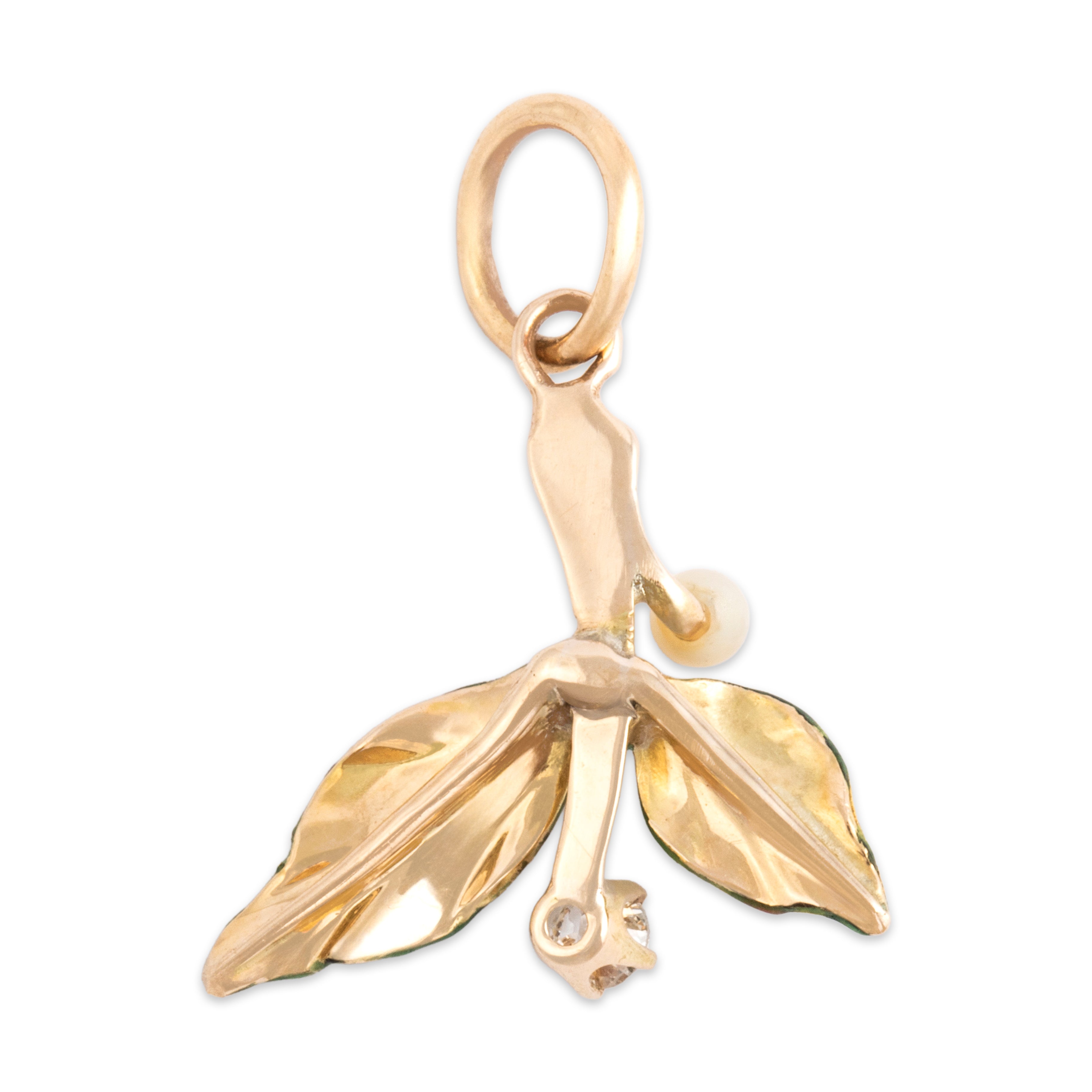 Antique Art Nouveau 14k Yellow Gold Old Mine Cut Diamond Pearl Beautiful Enamel Leafy Berry Charm / Pendant - Back view