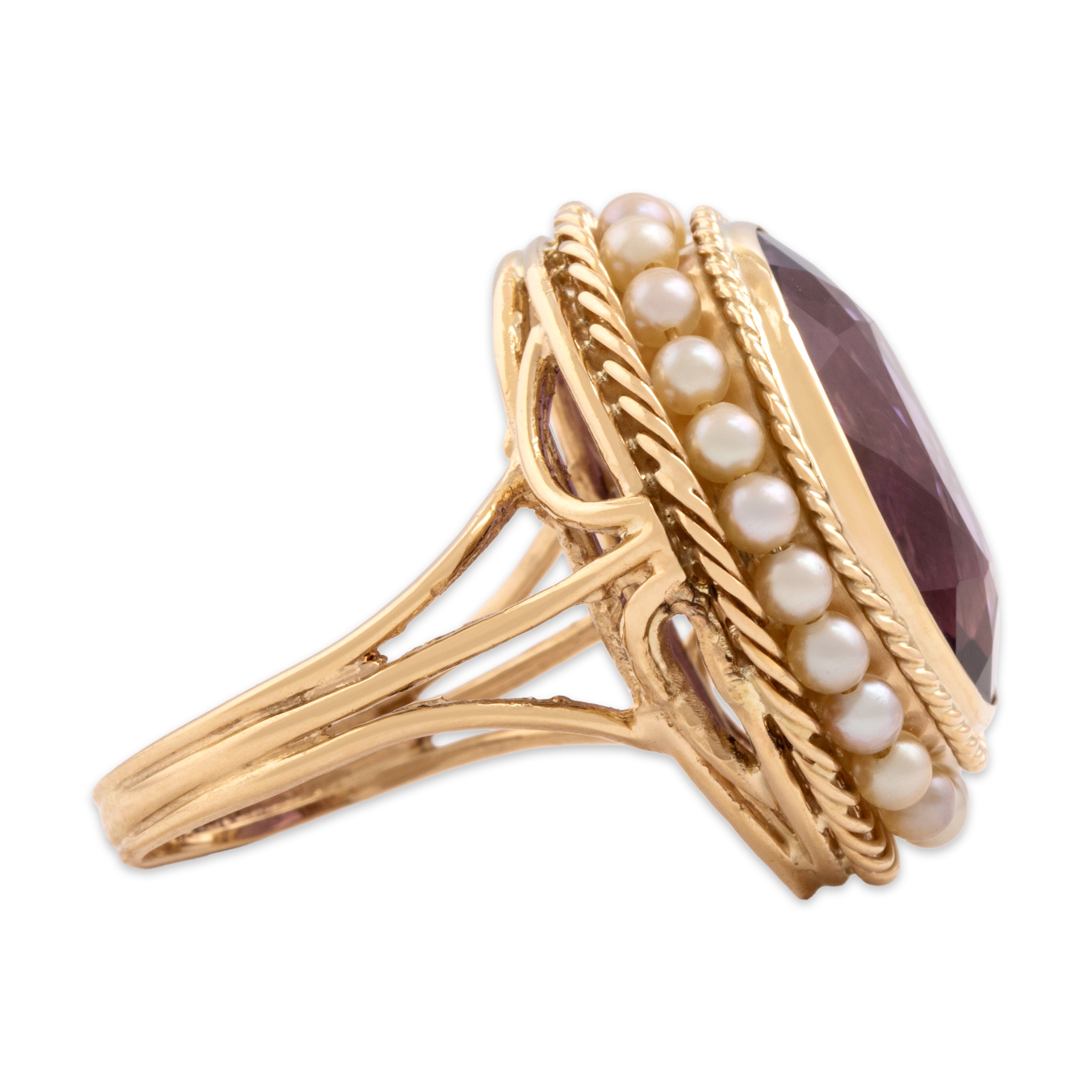 Vintage Large 14k Yellow Gold 13.21ct Amethyst Pearl Halo Framed Cocktail Ring - Side view