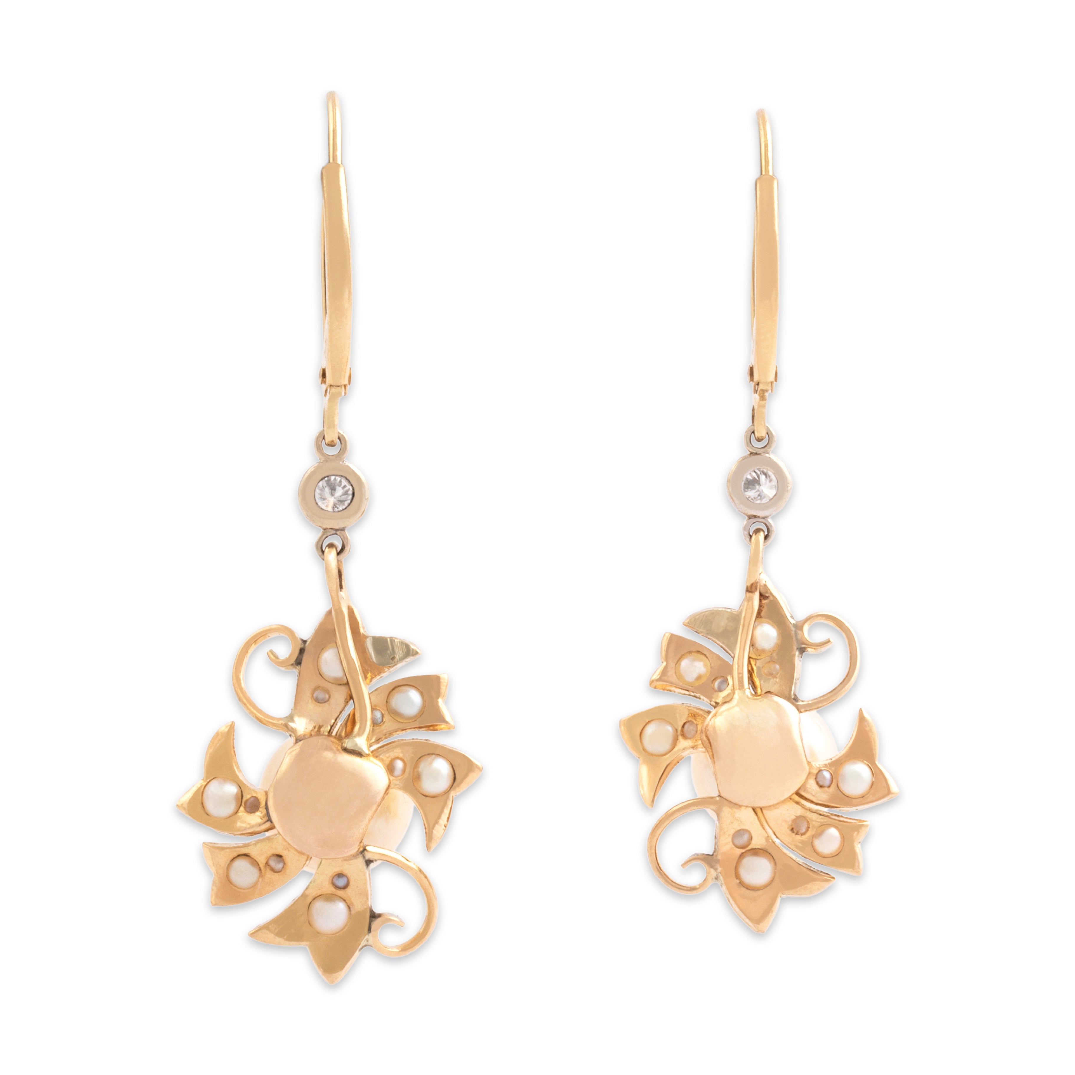 Vintage 14k Yellow & White Gold Diamond Pearl Stunning Luminous Swirl Long Dangle Earrings - Back view