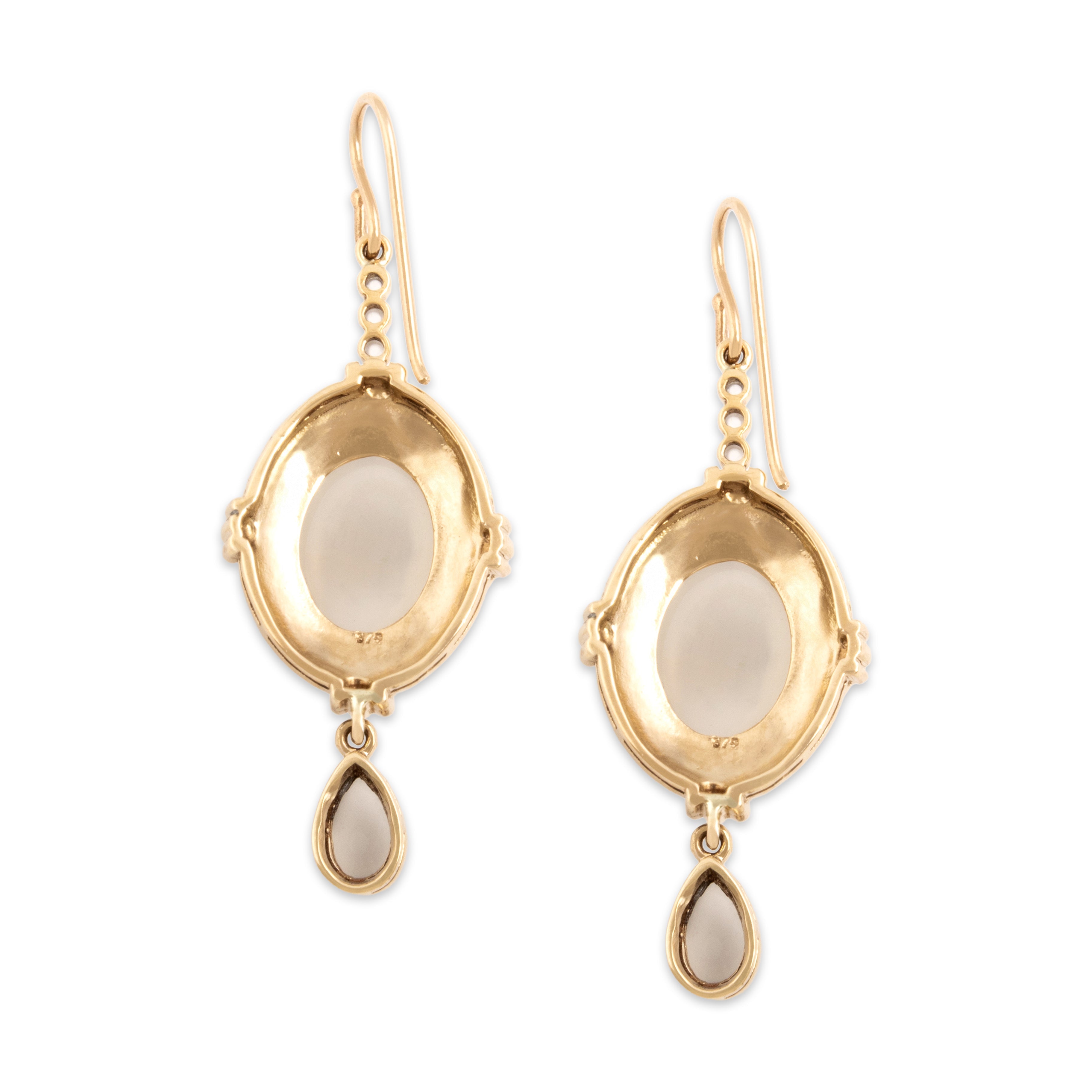 Vintage Large 9k Yellow Gold 14.59cttw Moonstone Mesmerizing Ornate Floral Framed Dangle Earrings - Back view