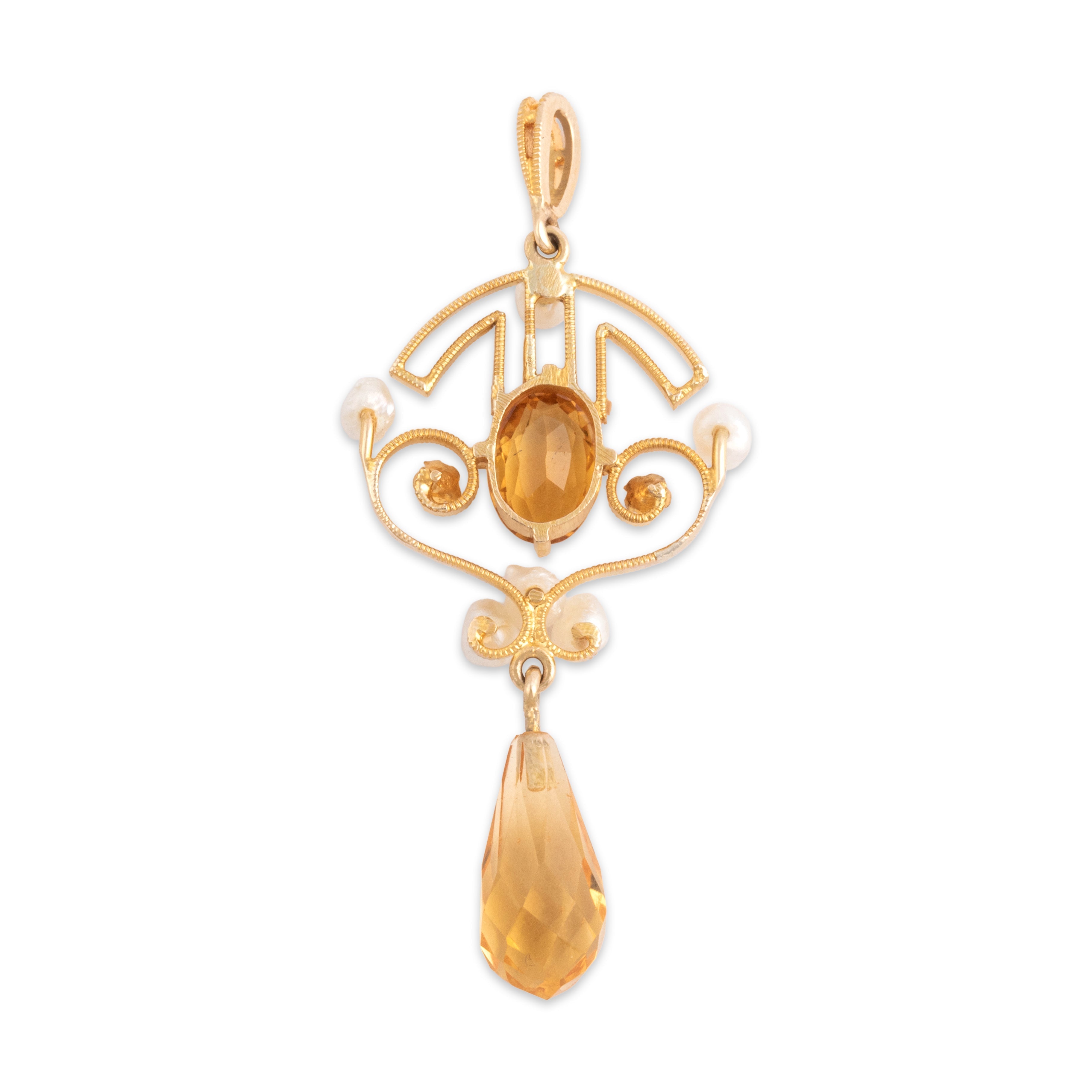 Vintage 14k Yellow Gold 2.4cttw Citrine Seed Pearl Geometric Floral Briolette Dangle Pendant - Back view
