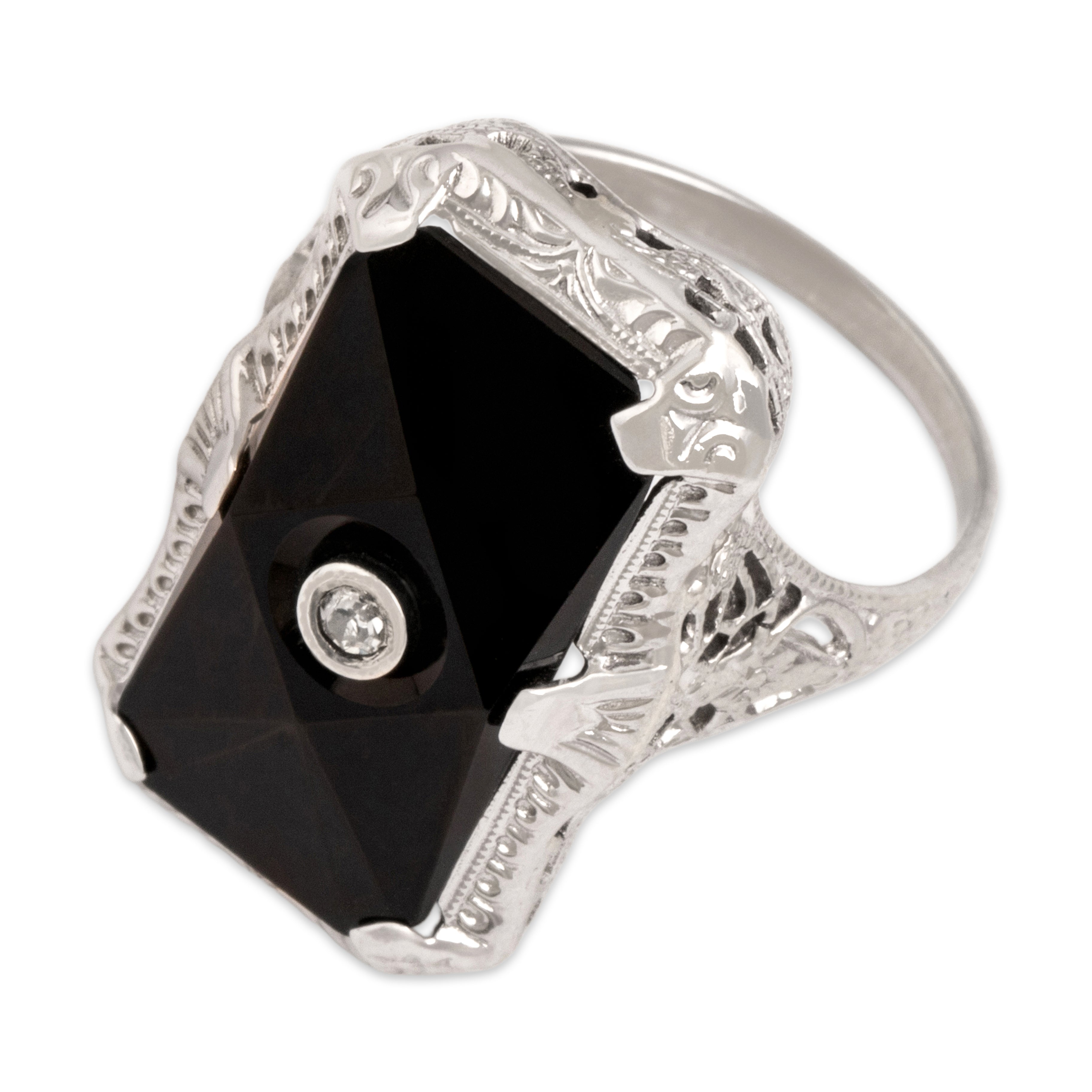 Antique Art Deco 14k White Gold 3.24ct Onyx Diamond Striking Faceted Decorated Openwork Ring - Overall view