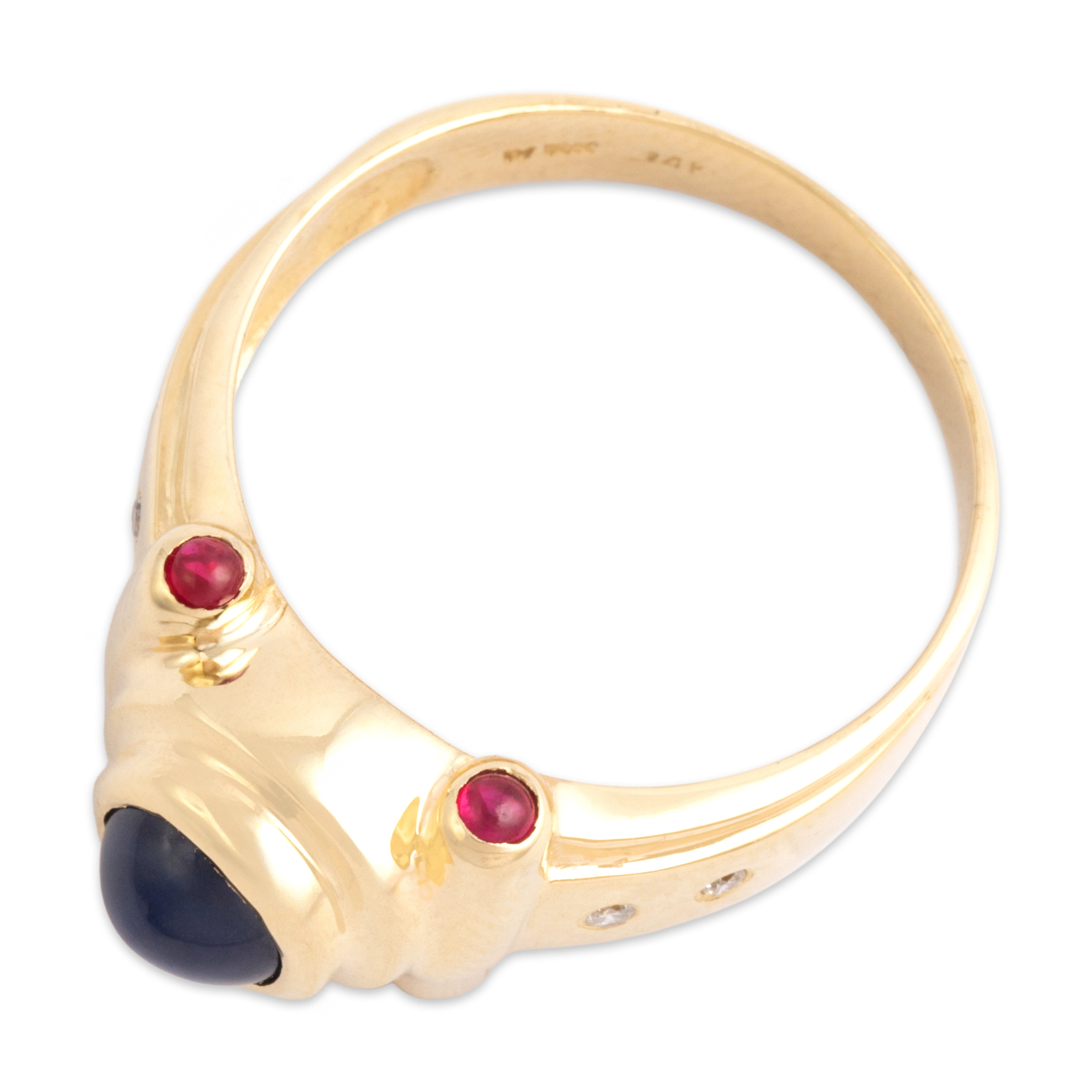Vintage 14k Yellow Gold 1.25ct Blue Sapphire Ruby Diamond Sleek Bezel Cabochon Ring - Overall view