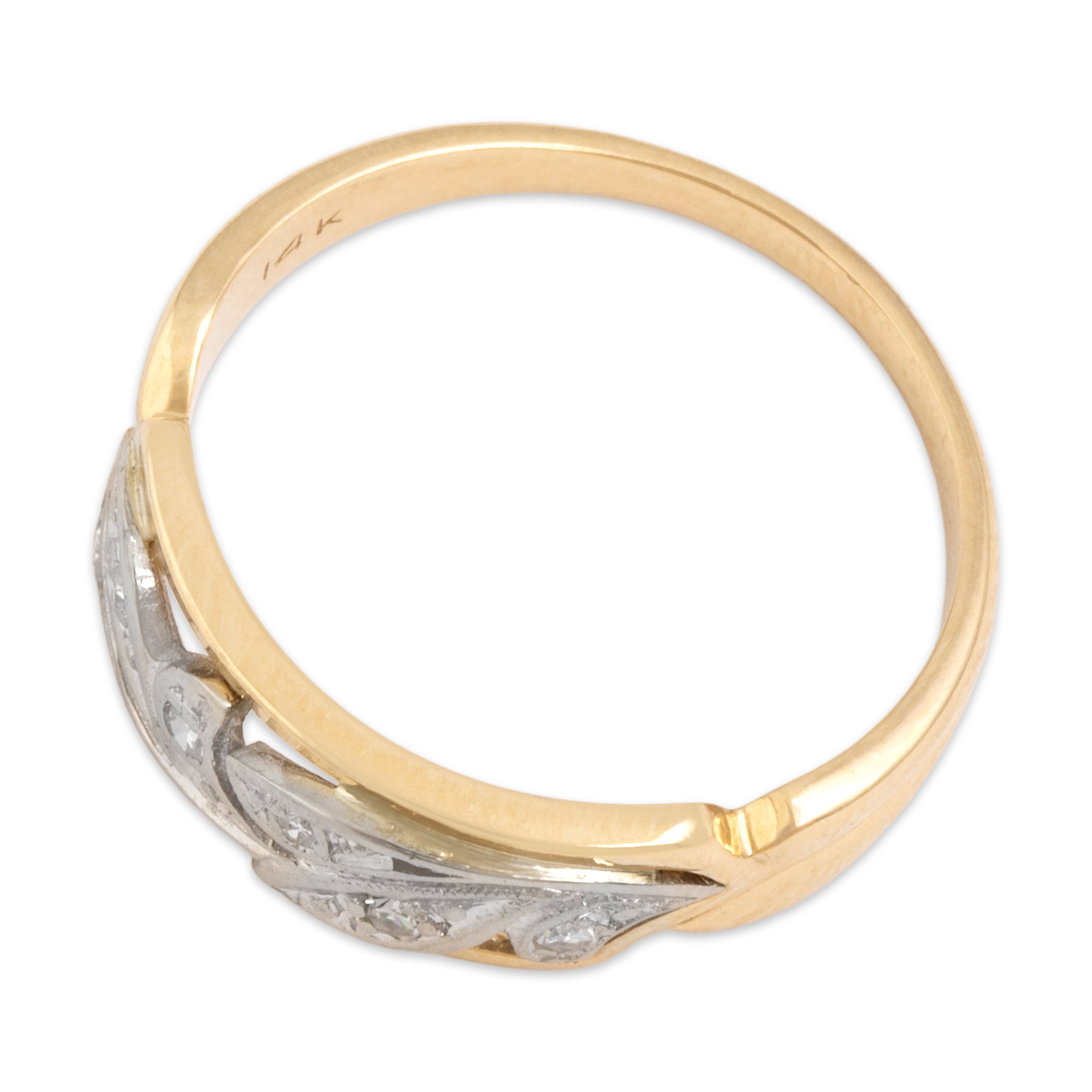 Vintage 14k Yellow & White Gold Diamond Naturalistic Laurel Bar Band Ring - Overall view