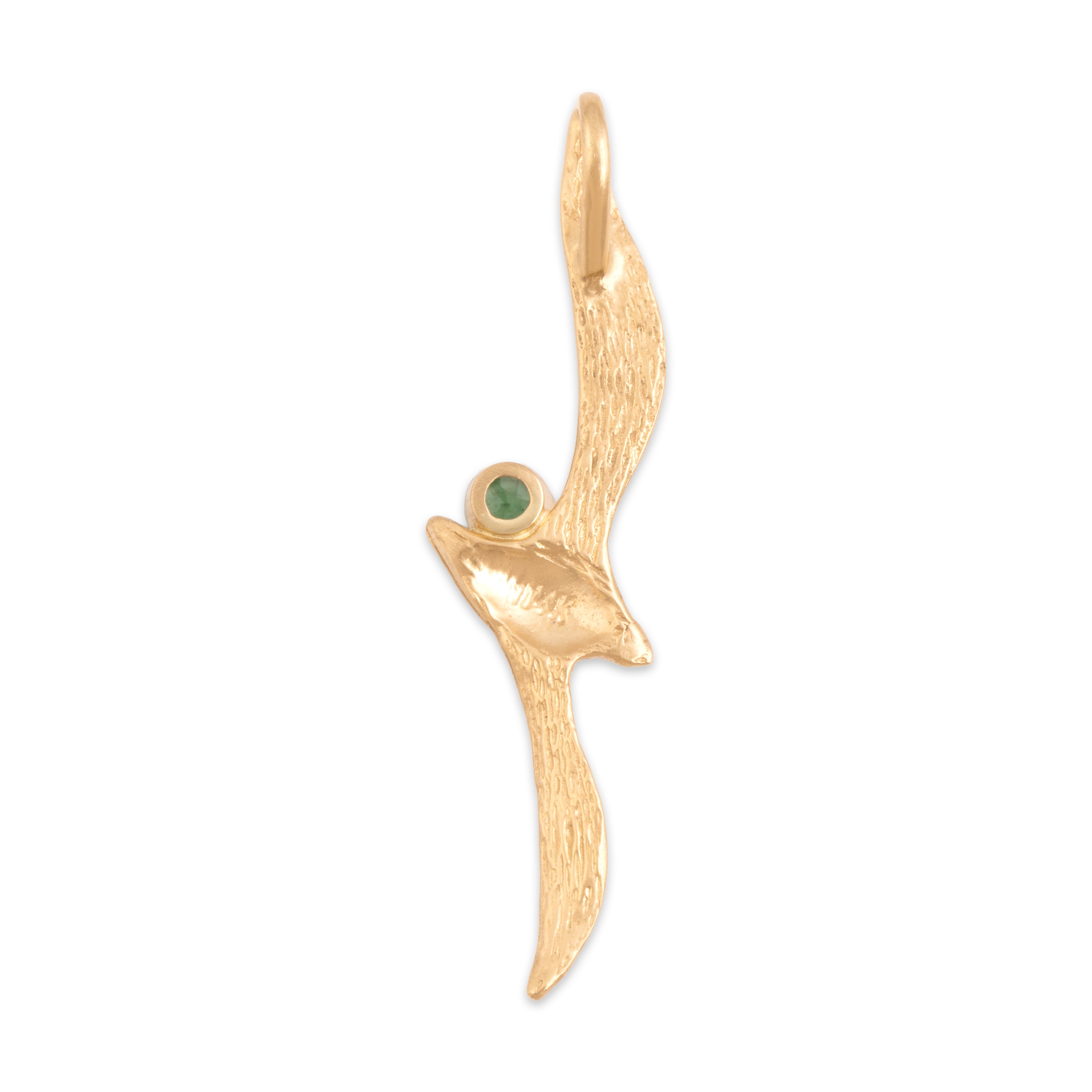Vintage 14k Yellow Gold Teal Tourmaline Artistic Brushed Flying Gull Pendant - Back view