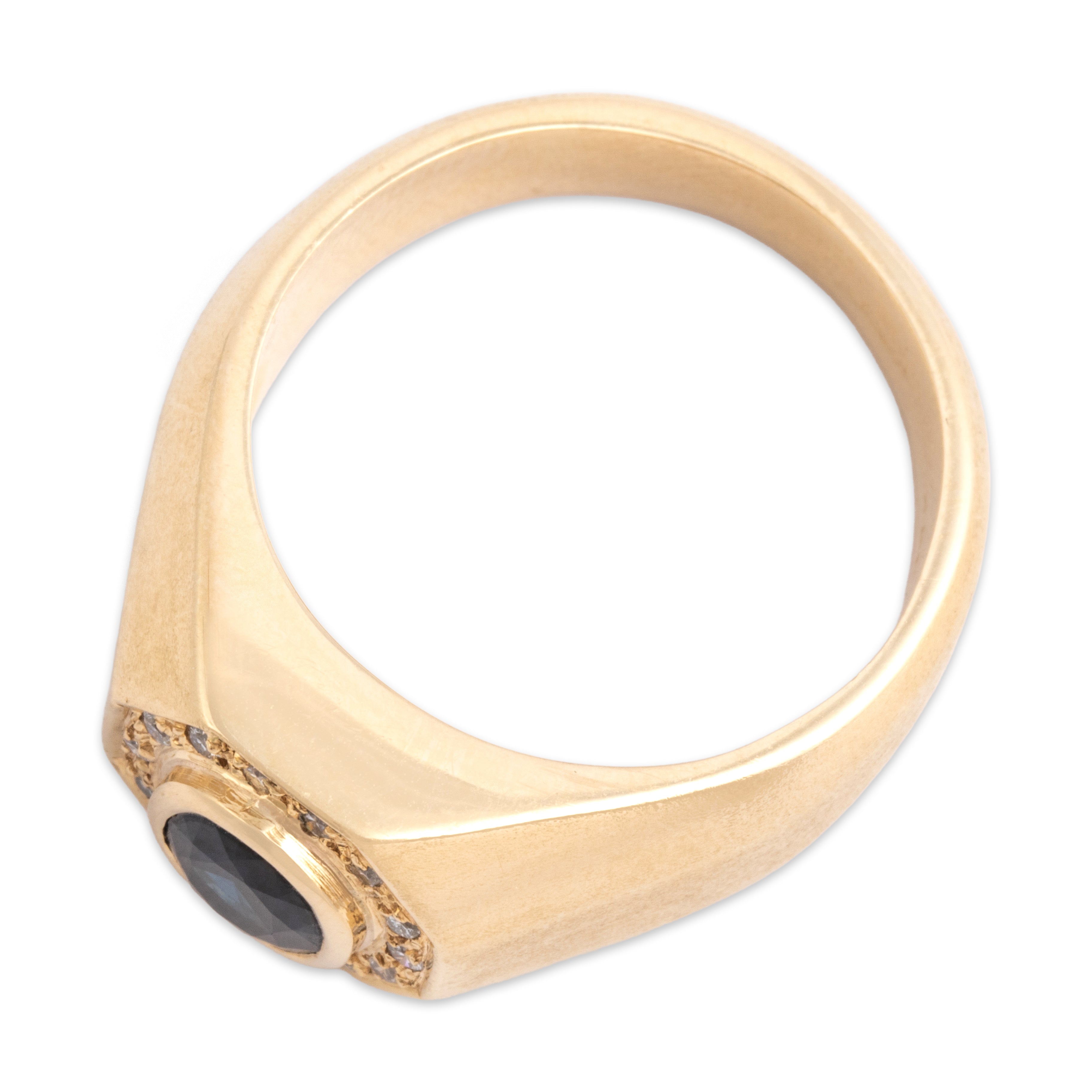 Vintage Heavy 14k Yellow Gold .97ct Blue Sapphire Diamond Brushed Octogonal Halo Signet Ring - Overall view