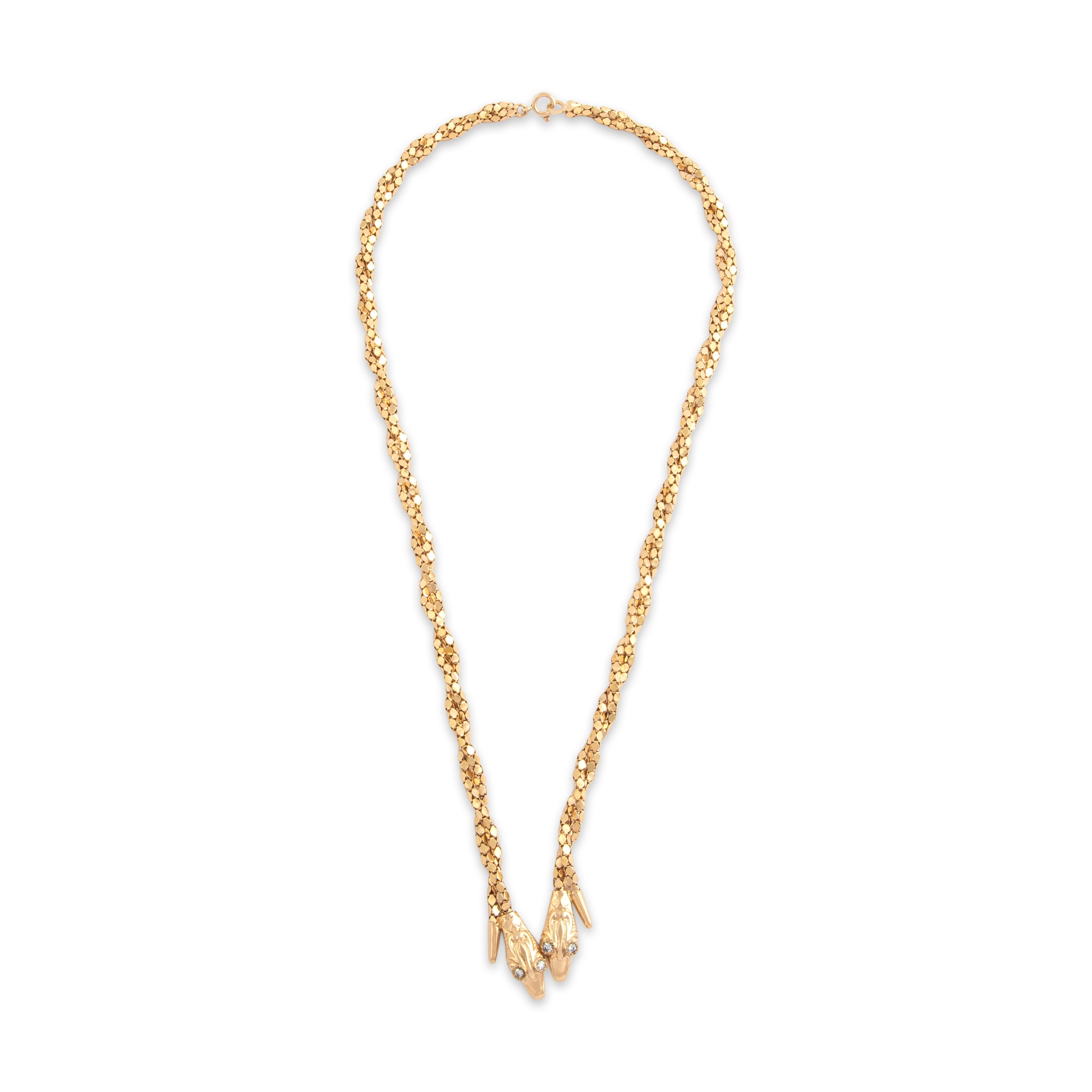 Vintage Italian 18k Yellow Gold Diamond Bold Twin Snake Dimensional Twisting Chain Necklace - Overall view