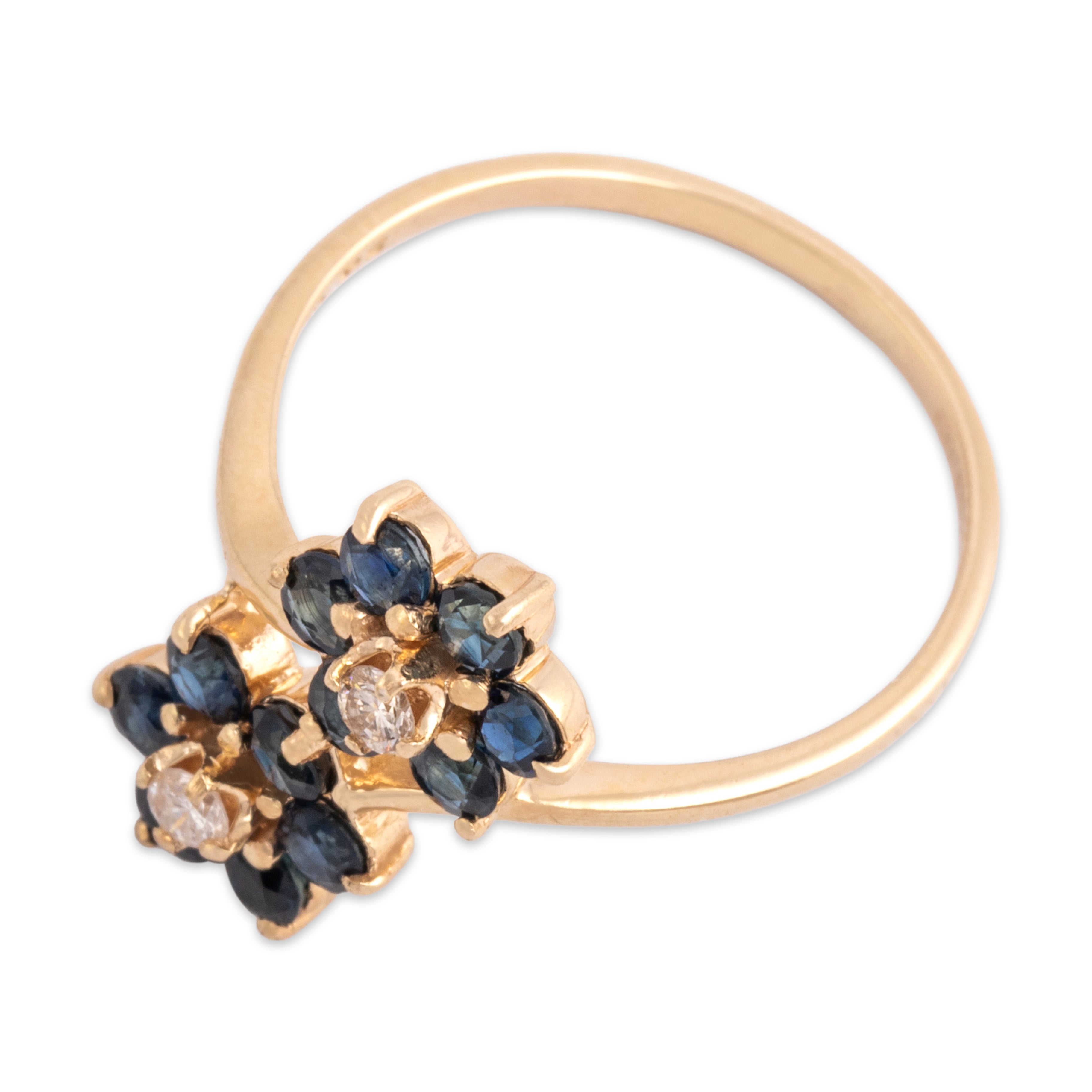 Vintage 14k Yellow Gold .86cttw Blue Sapphire Diamond Adorable Branching Flower Duo Ring - Overall view