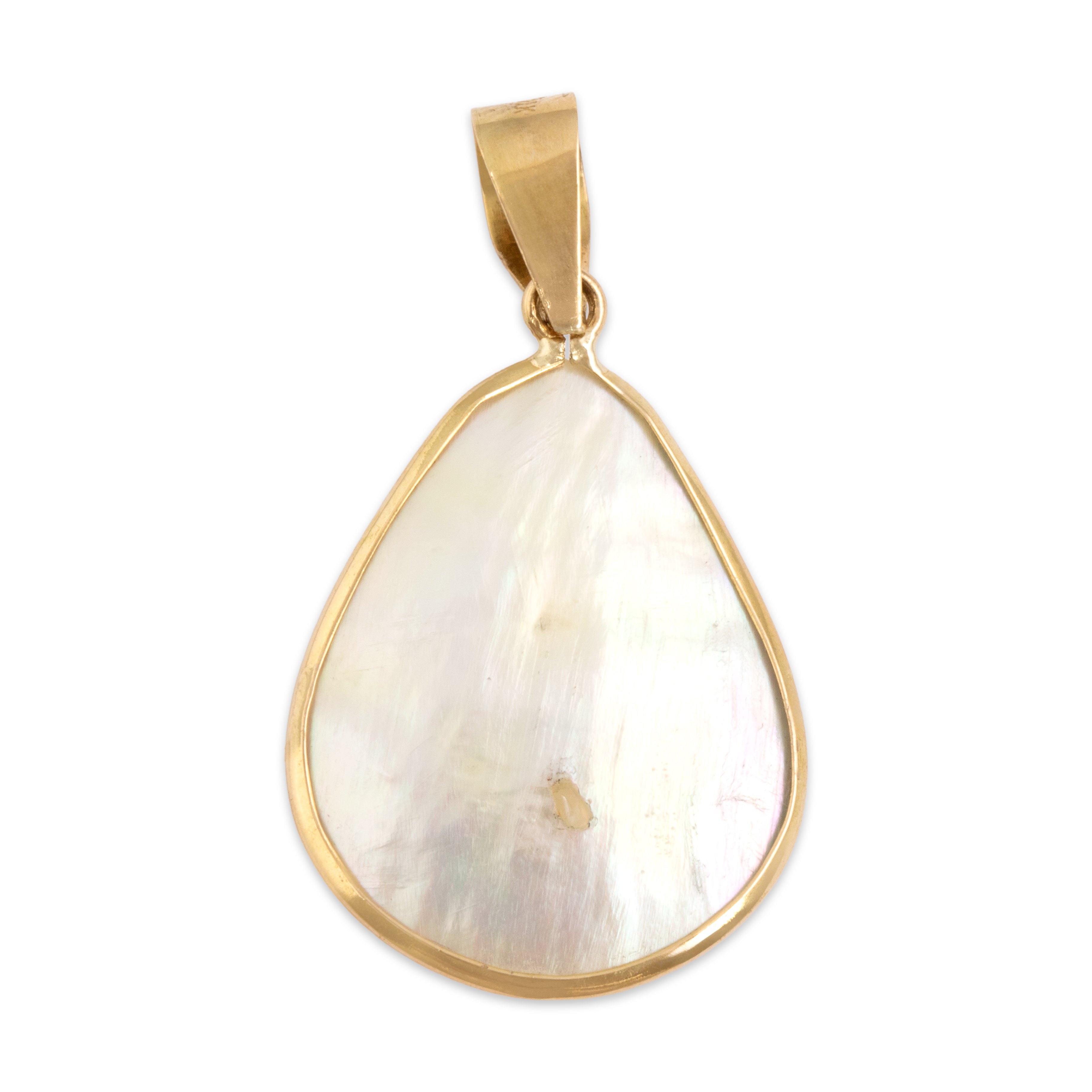 Vintage Lightweight 18k Yellow Gold Pearl Mother Of Pearl Iridescent Nautical Shell Pendant - Back view