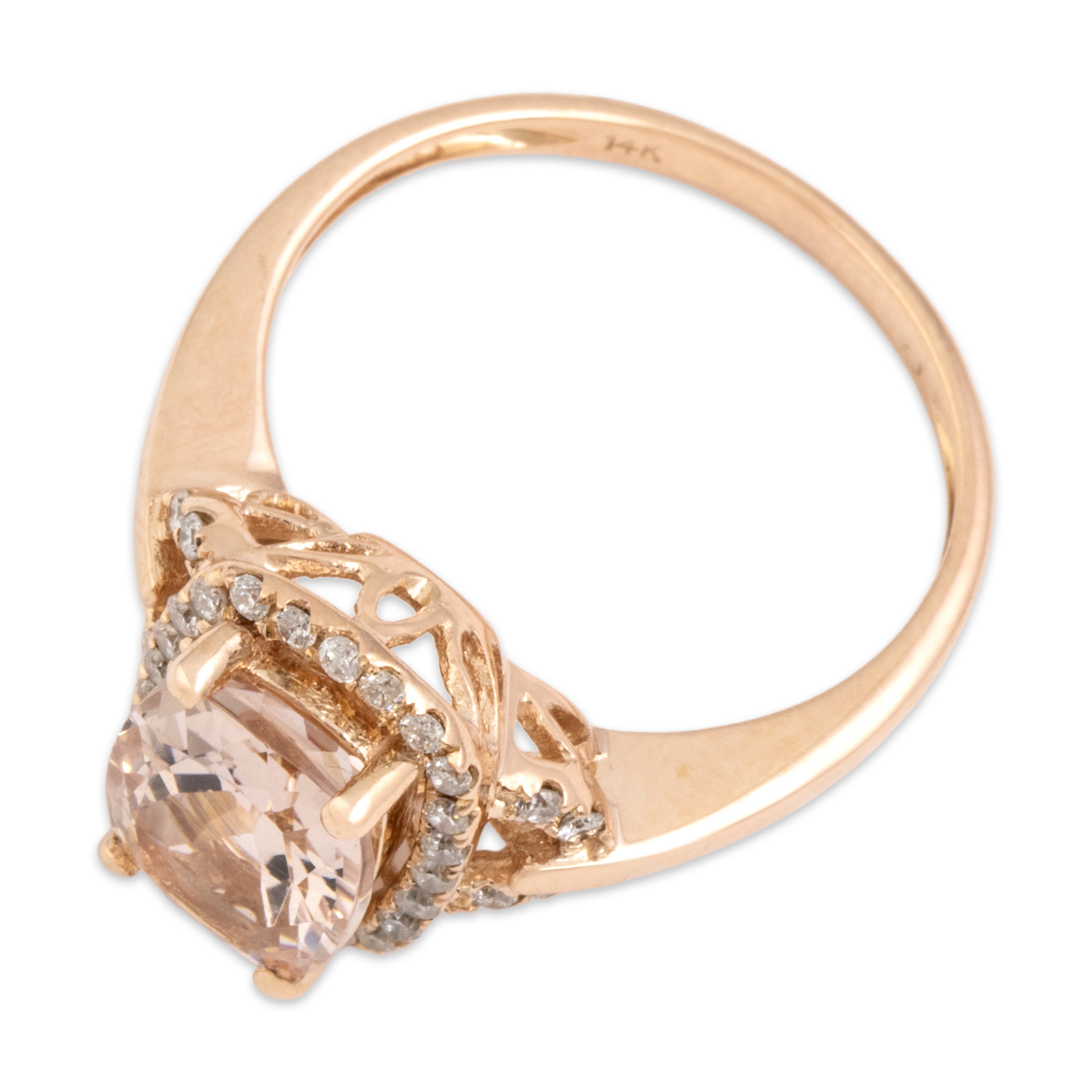 Vintage 14k Rose Gold 1.84ct Morganite Diamond Gleaming Rectangular Cushion Halo Ring - Overall view