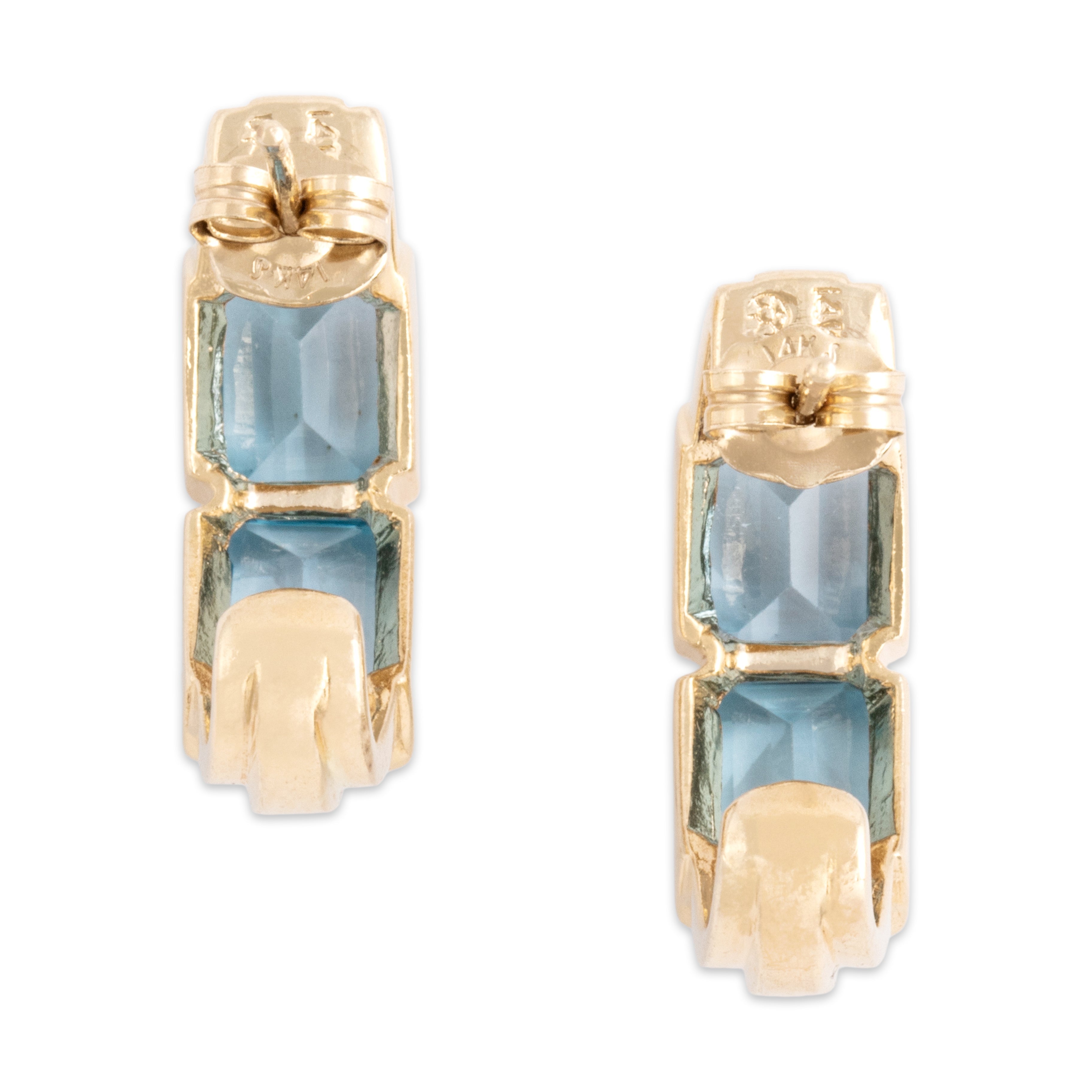 Vintage 14k Yellow Gold 4.72cttw Blue Topaz Diamond Chic Bright Bezel Partial Hoop Earrings - Back view
