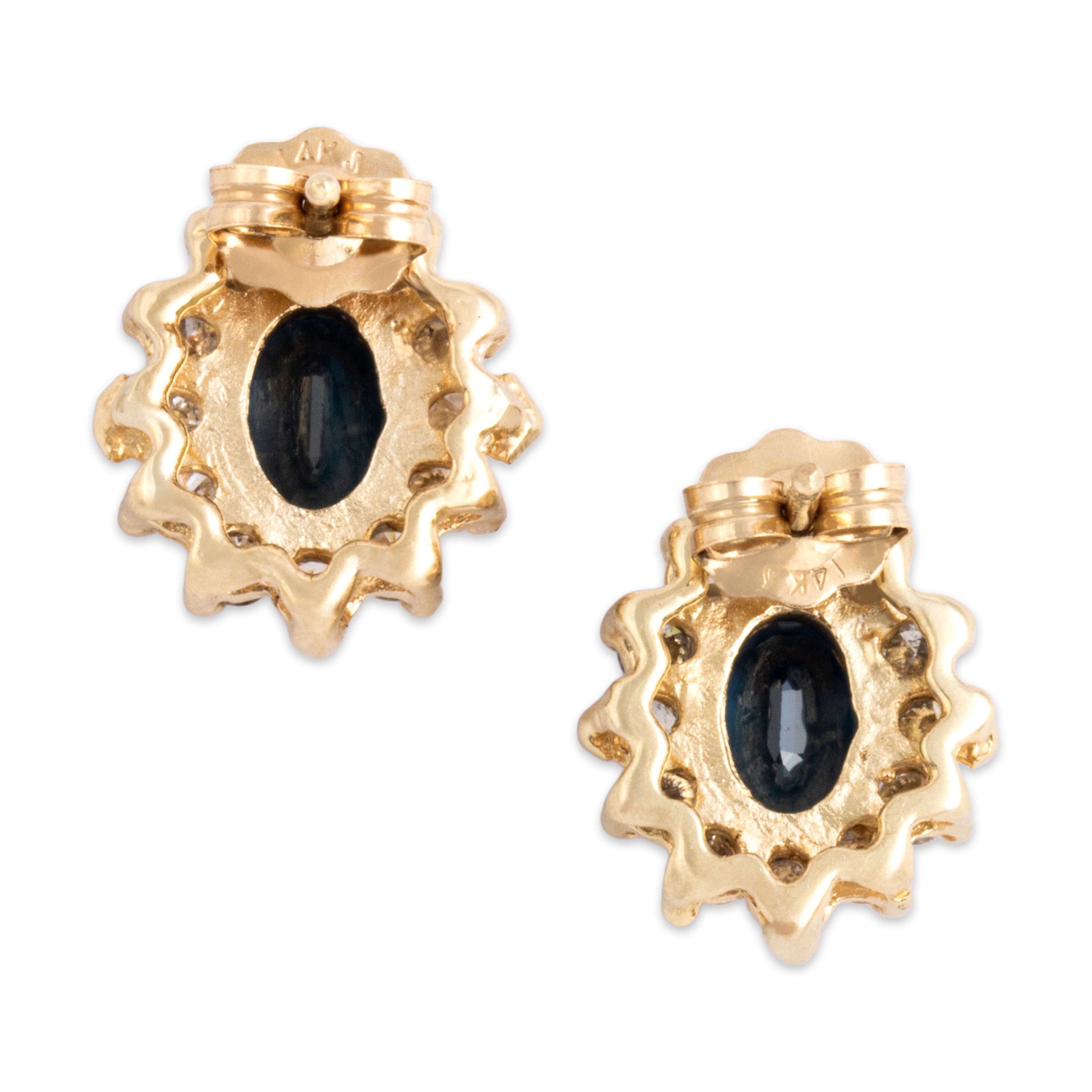 Vintage 14k Yellow Gold 1.5cttw Blue Sapphire Diamond Elegant Classic Halo Stud Earrings - Back view